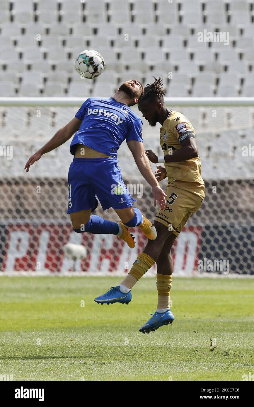 Miguel Cardoso and Chidozie Awaziem in action during the game for Liga NOS between Belenenses SAD and Boavista FC, at Estadio Nacional, Lisboa, Portugal, 04, April, 2021 (Photo by JoÃ£o Rico/NurPhoto) Stock Photo