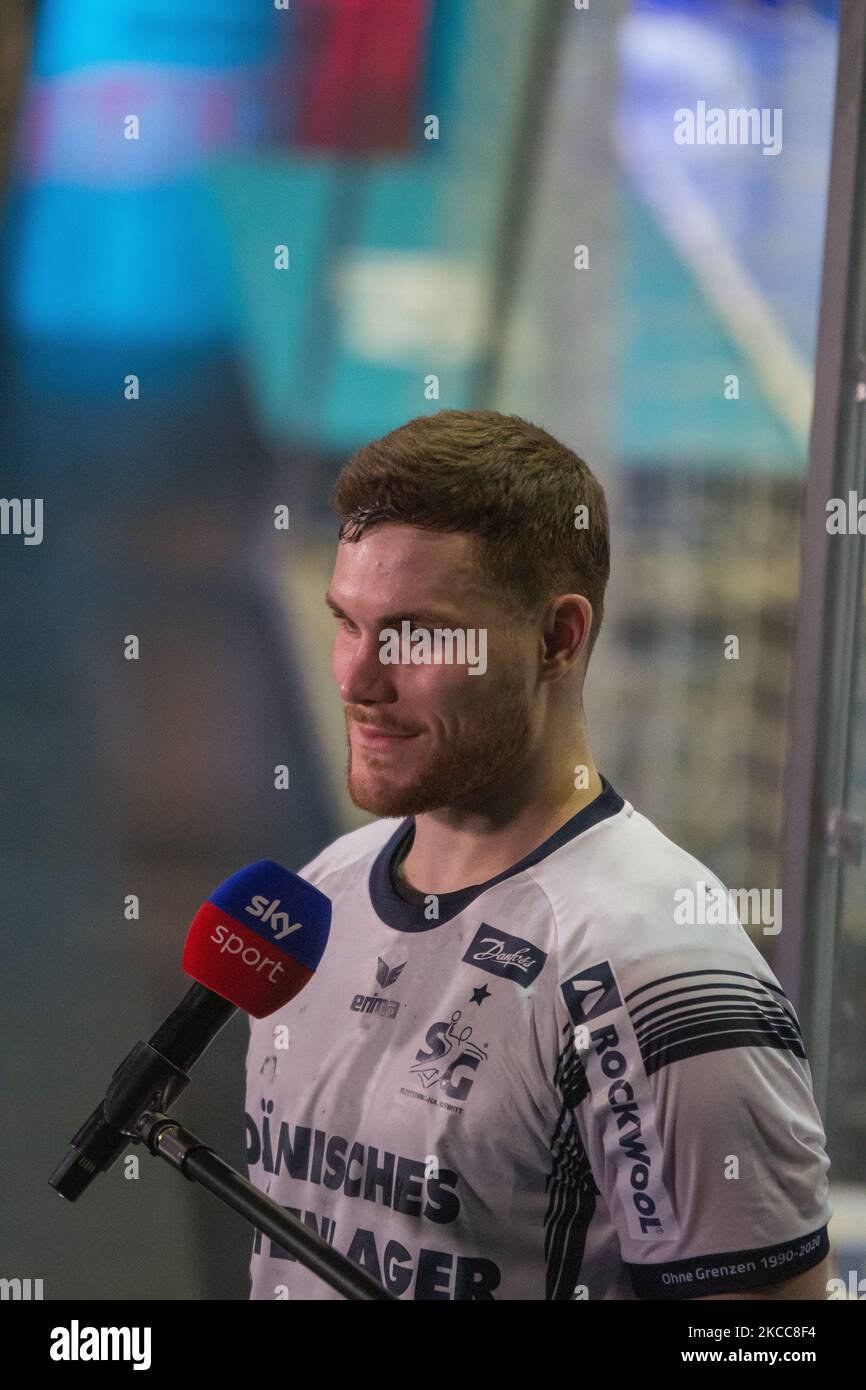 JOHANNES GOLLA of Flensburg gives an interview after the LIQUI MOLY Handball-Bundesliga match between SC Magdeburg and SG Flensburg-Handewitt at GETEC-Arena on April 04, 2021 in Magdeburg, Germany. (Photo by Peter Niedung/NurPhoto) Stock Photo