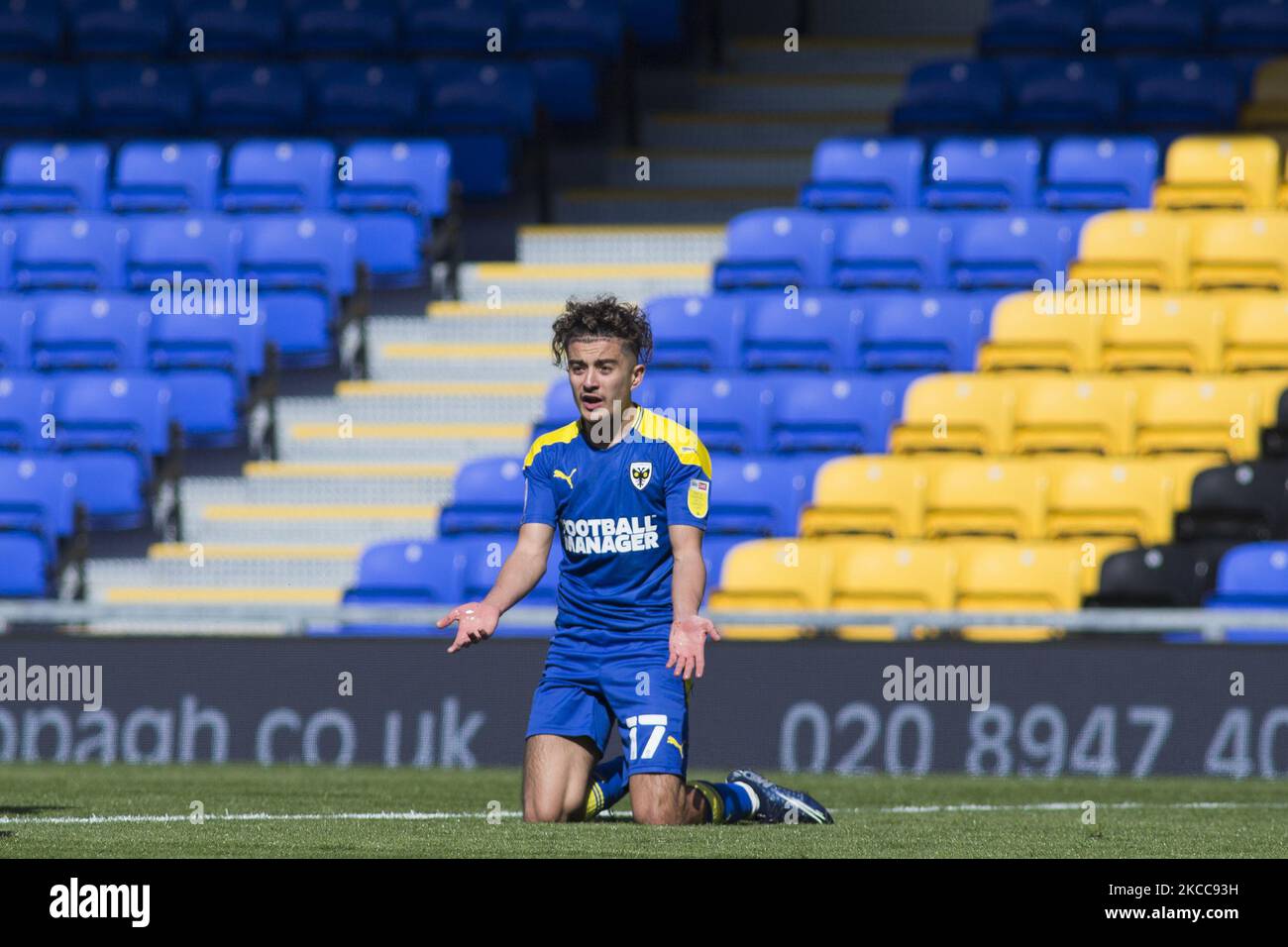 WIMBLEDON, UK. JAN 29TH Ayoub Assal of AFC Wimbledon celebrates after  scoring during the Sky Bet League 1 match between AFC Wimbledon and  Shrewsbury Town at Plough Lane, Wimbledon on Saturday 29th