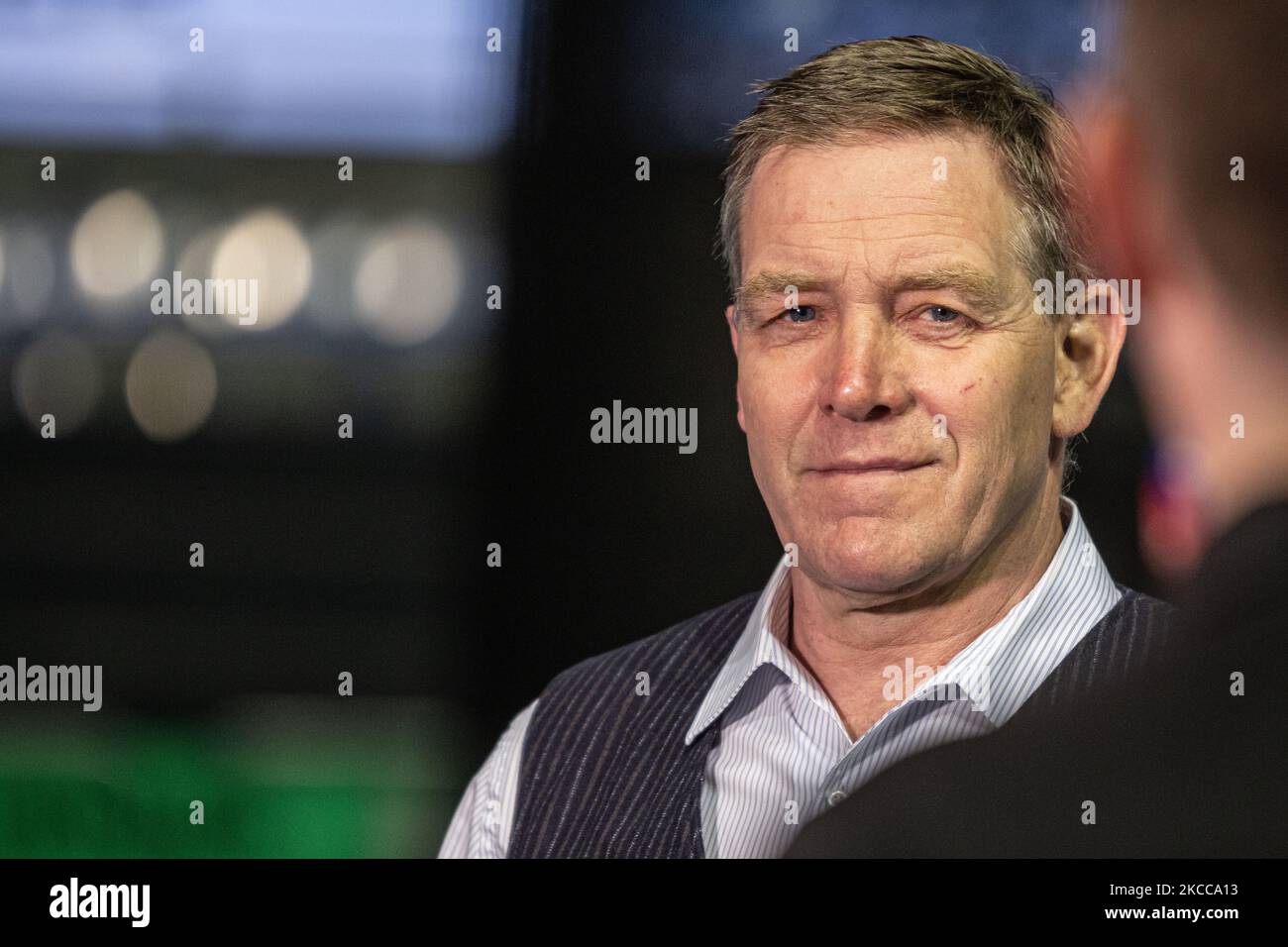 headcoach Alfreð Gíslason of the german national team gives an interview prior the LIQUI MOLY Handball-Bundesliga match between SC Magdeburg and SG Flensburg-Handewitt at GETEC-Arena on April 04, 2021 in Magdeburg, Germany. (Photo by Peter Niedung/NurPhoto) Stock Photo