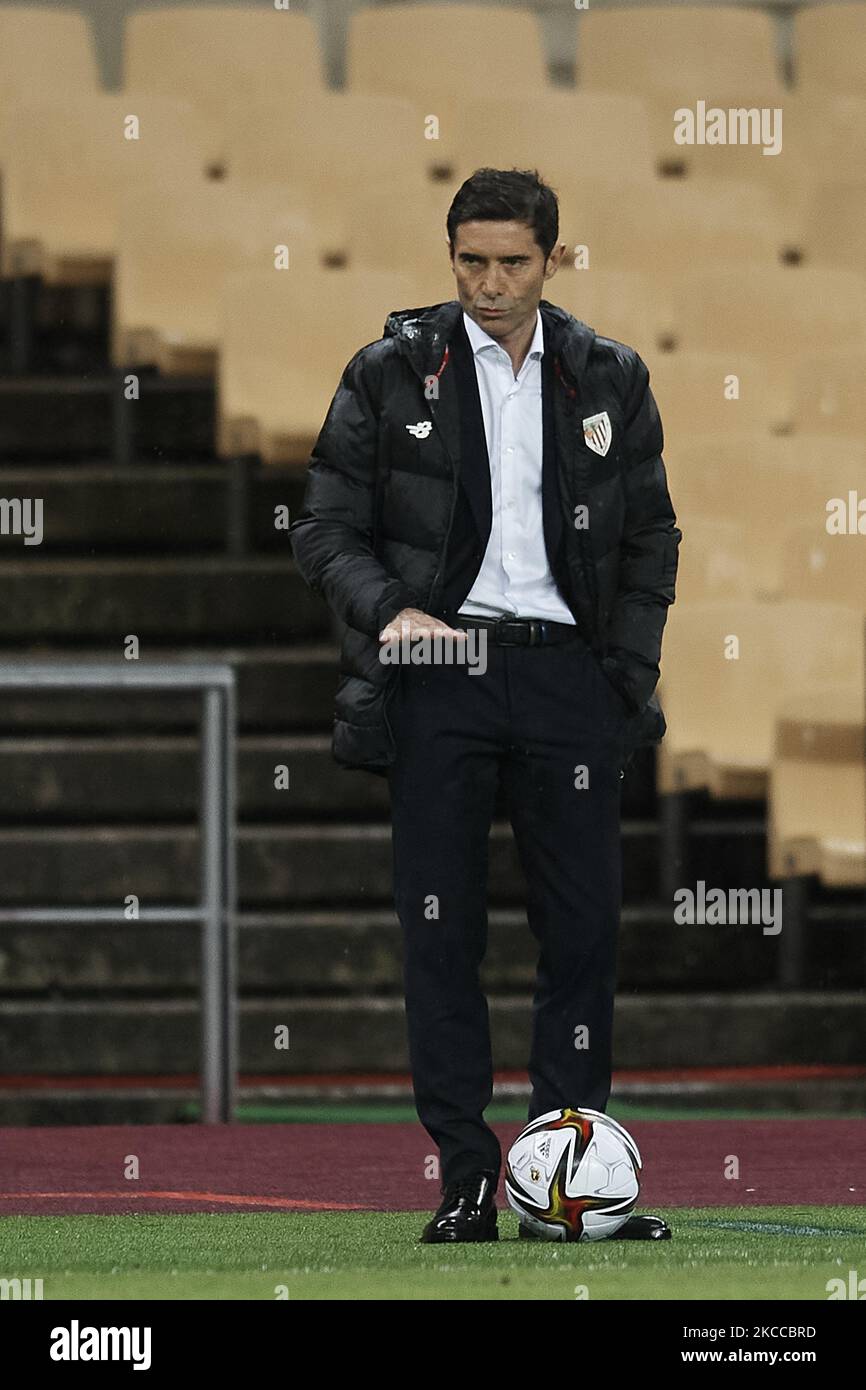 Marcelino Garcia Toral head coach of Athletic reacts during the Copa Del  Rey Final match between Real Sociedad and Athletic Club at Estadio de La  Cartuja on April 3, 2021 in Seville,