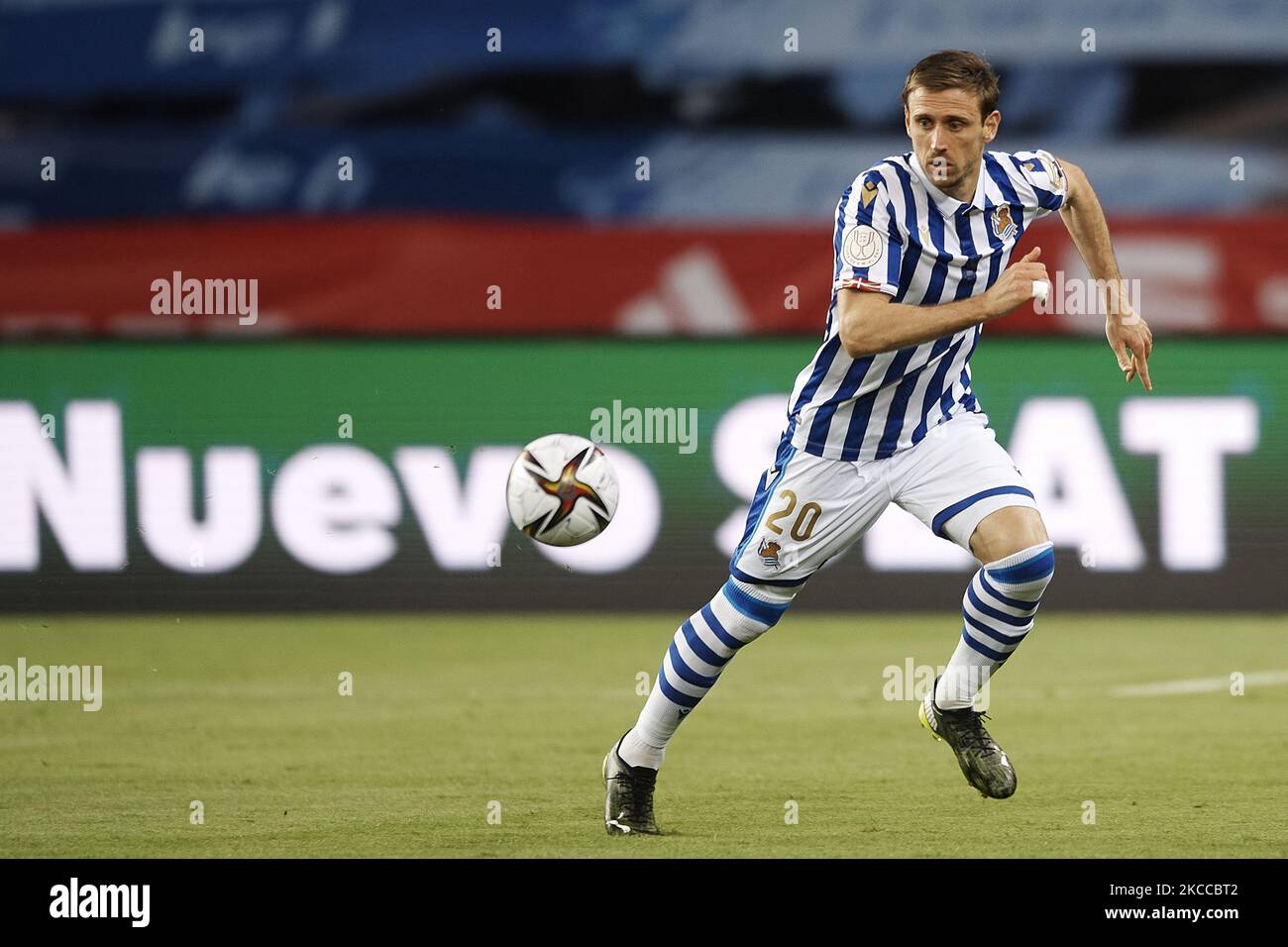 Nacho Monreal of Real Sociedad runs with the ball during the Copa Del Rey Final match between Real Sociedad and Athletic Club at Estadio de La Cartuja on April 3, 2021 in Seville, Spain. Sporting stadiums around Spain remain under strict restrictions due to the Coronavirus Pandemic as Government social distancing laws prohibit fans inside venues resulting in games being played behind closed doors. (Photo by Jose Breton/Pics Action/NurPhoto) Stock Photo