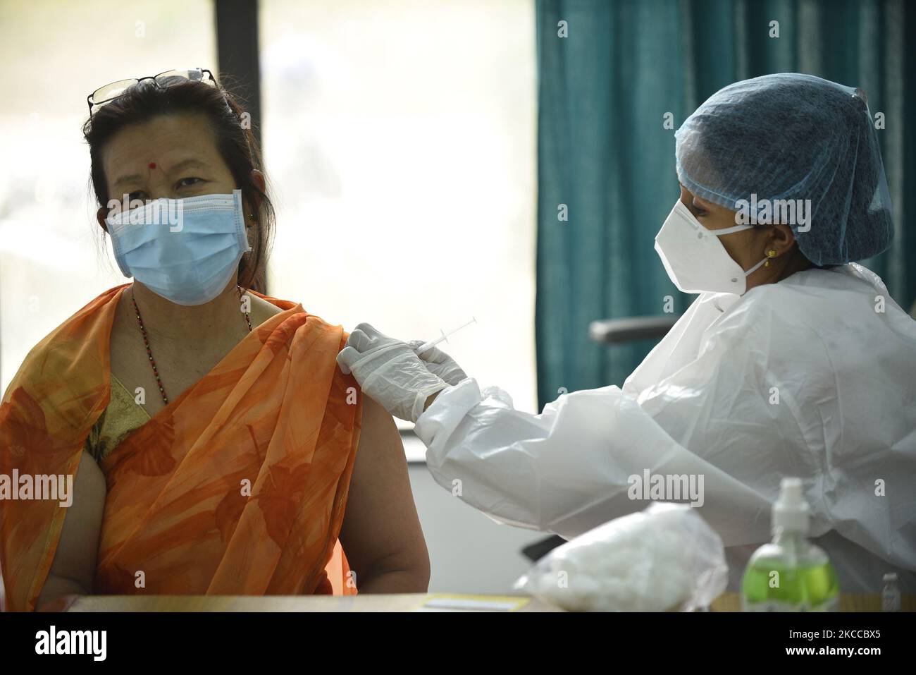Nepalese People gets first dose of China-made 'Vero Cell' Covid-19 vaccine  at Ayurveda Teaching Hospital, Kirtipur, Kathmandu, Nepal on Wednesday,  April 7, 2021. (Photo by Narayan Maharjan/NurPhoto Stock Photo - Alamy