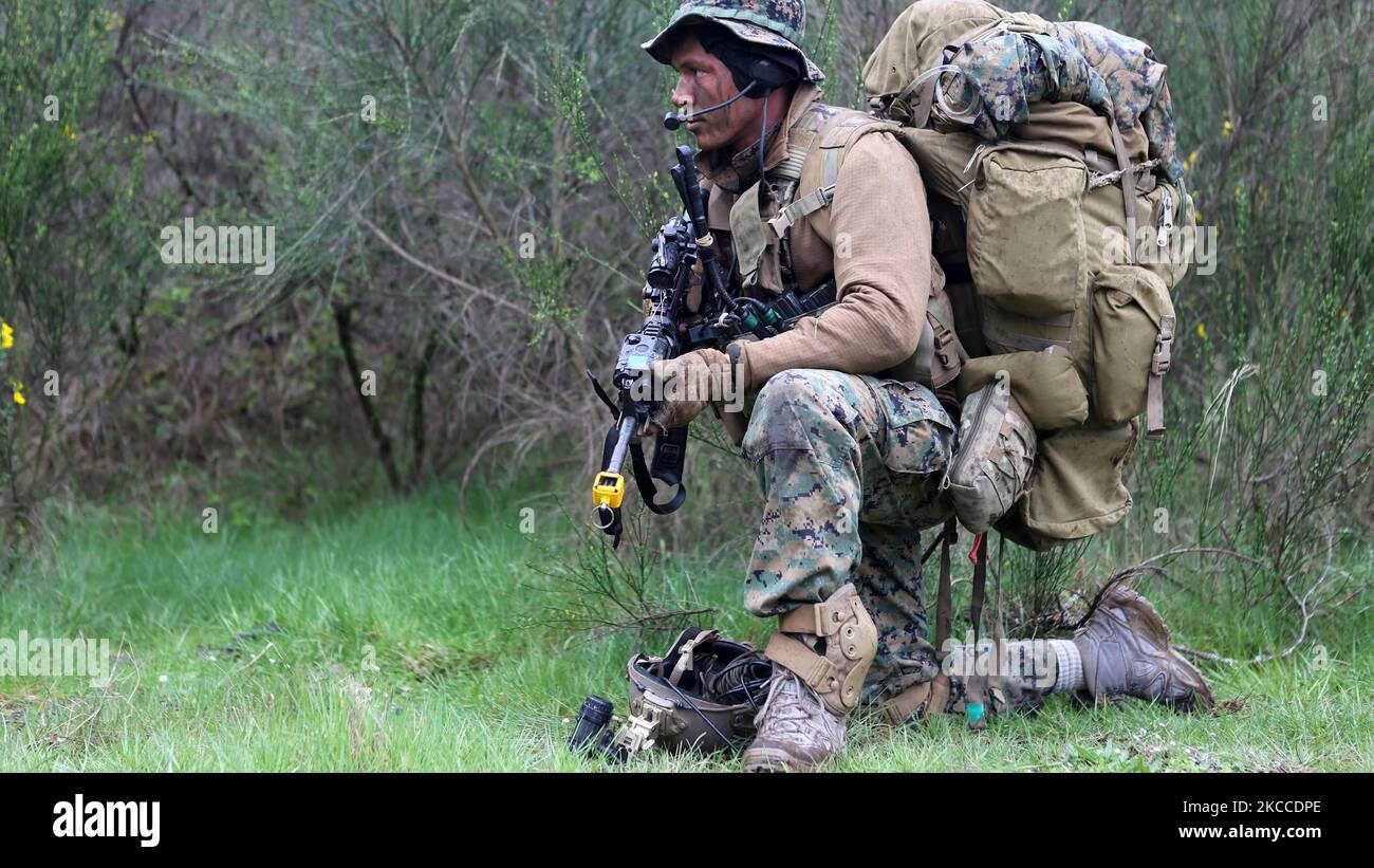 U.S. Marine provides security for his team. Stock Photo