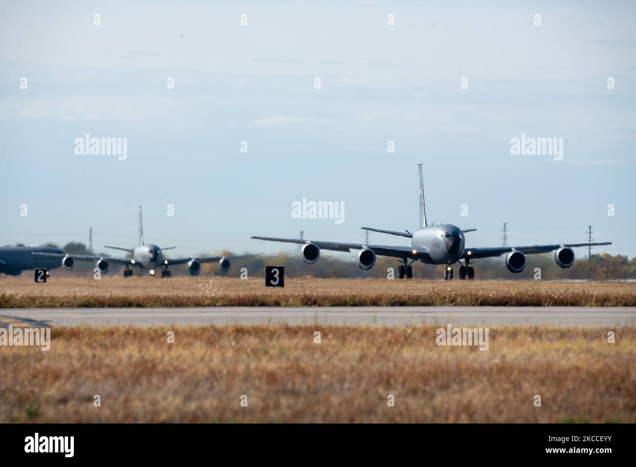 Five KC135 Stratotankers prepare for a Minimum Interval Takeoff