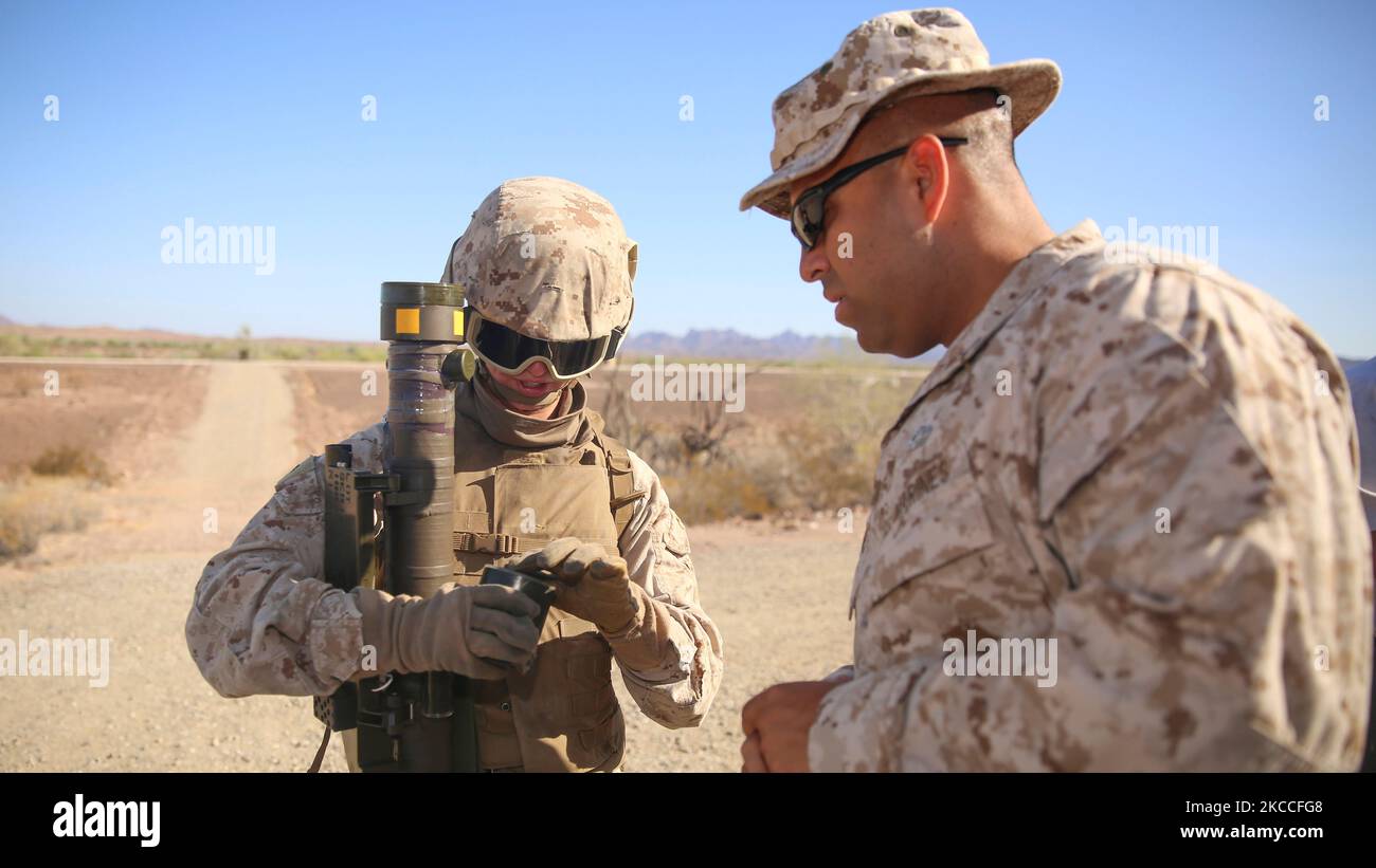 U.S. Marines perform checks on the FIM-92 Stinger Missile. Stock Photo