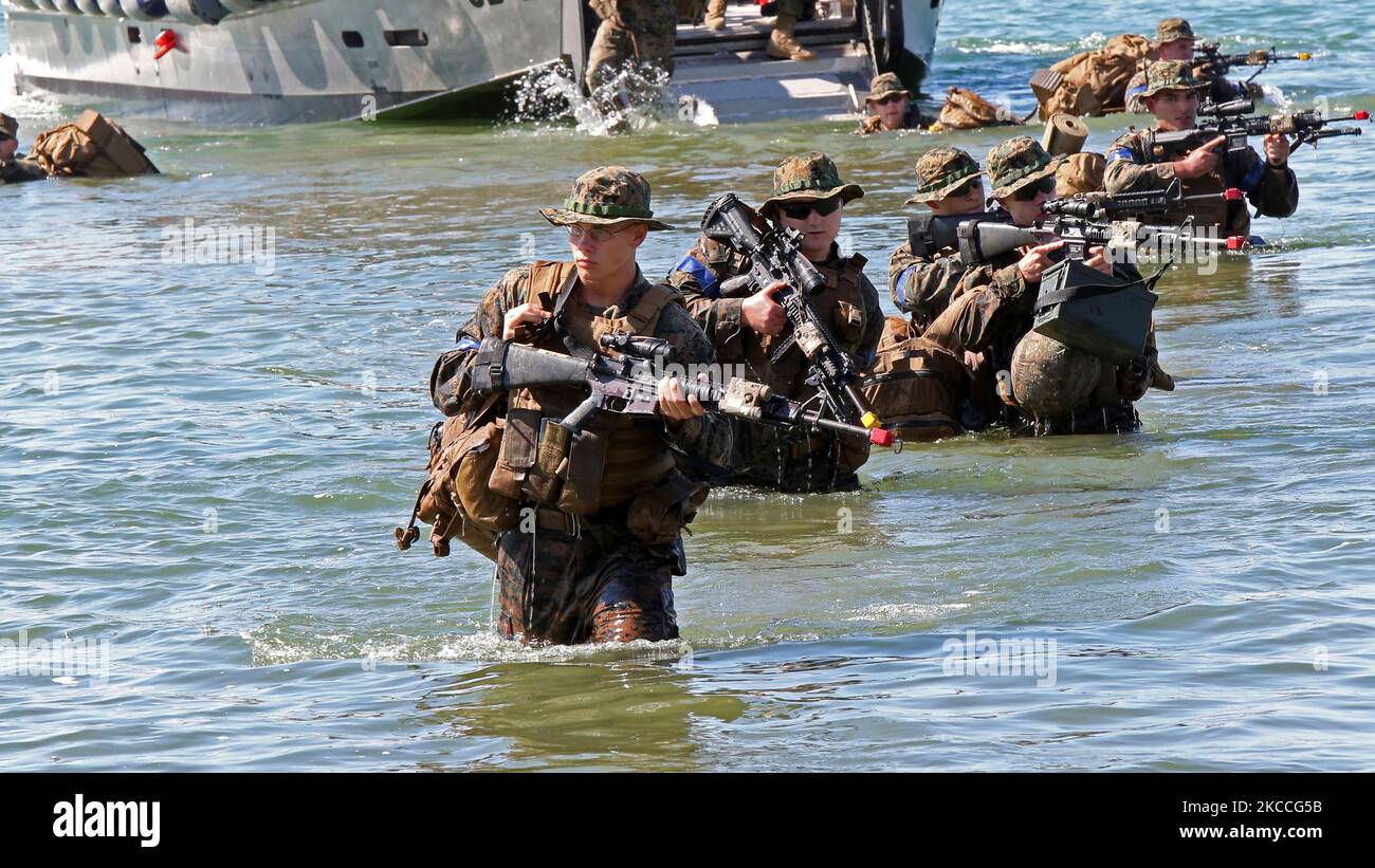 Marines, sailors and members of the Canadian Army conduct an amphibious landing. Stock Photo