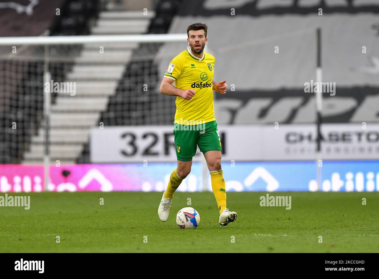 Grant Hanley of Norwich City in action during the Sky Bet Championship match between Derby County and Norwich City at the Pride Park, Derby, England on 10th April 2021. (Photo by Jon Hobley/MI News/NurPhoto) Stock Photo