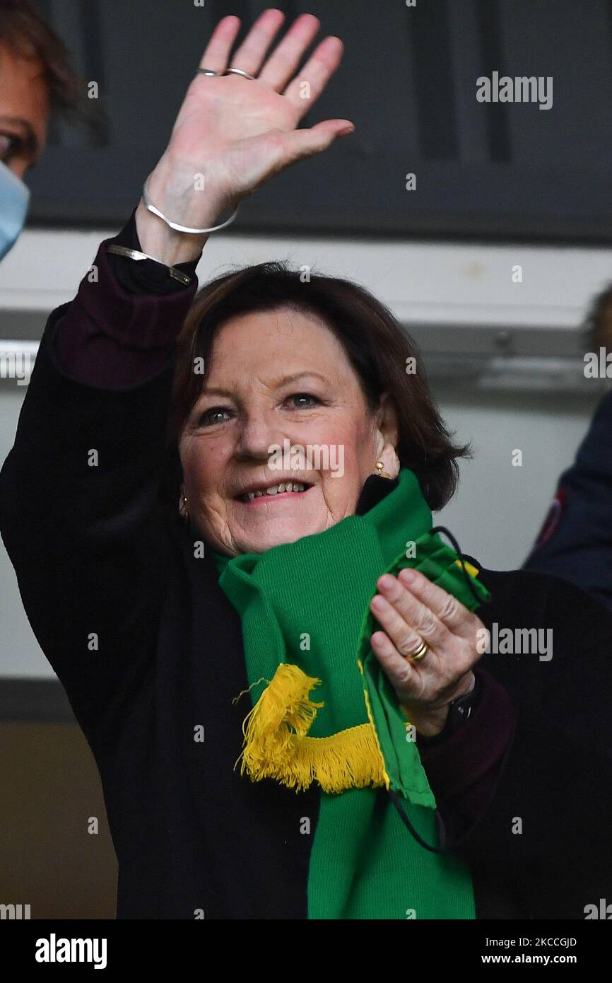 Delia Smith of Norwich City celebrates victory during the Sky Bet Championship match between Derby County and Norwich City at the Pride Park, Derby, England on 10th April 2021. (Photo by Jon Hobley/MI News/NurPhoto) Stock Photo