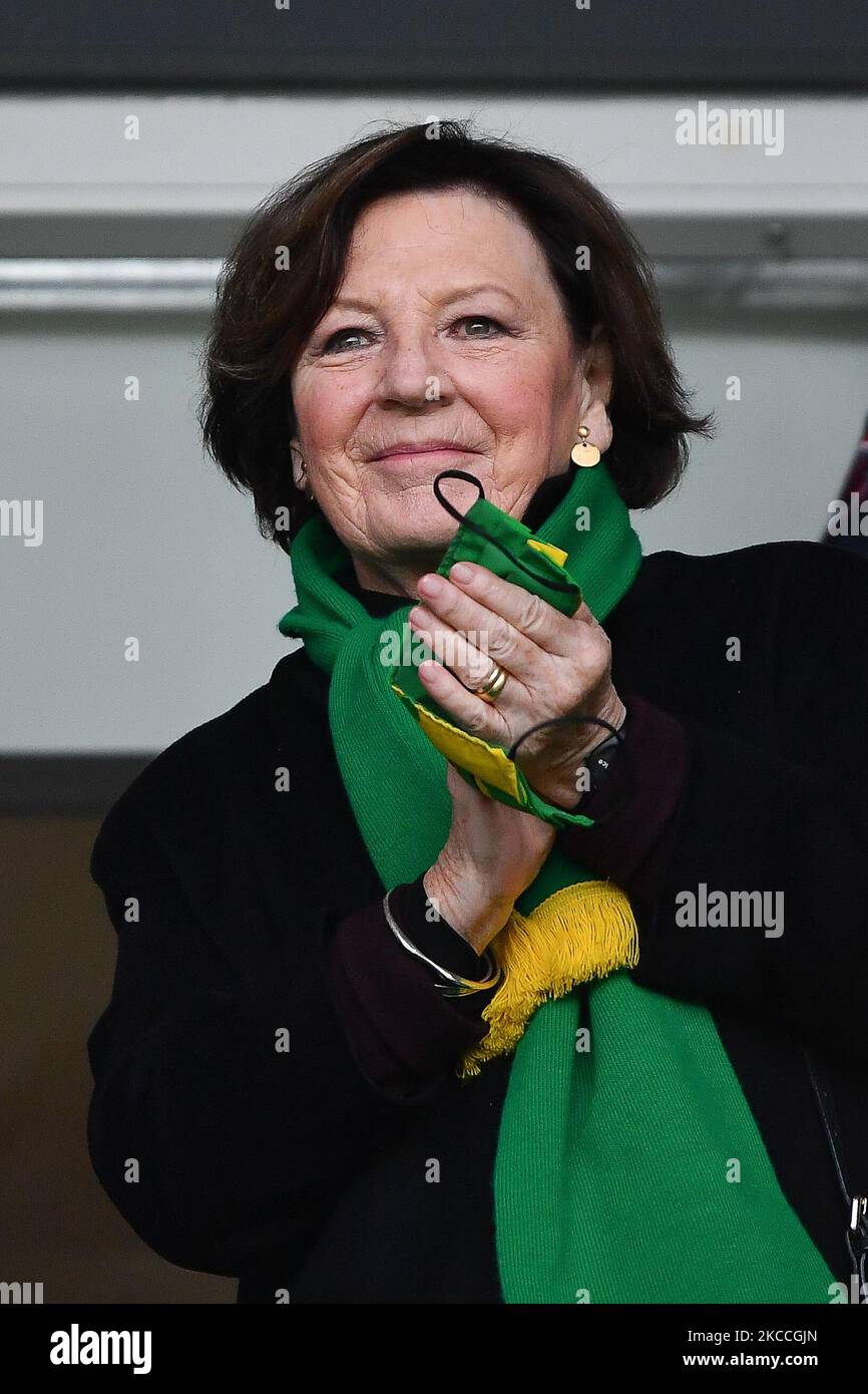 Delia Smith of Norwich City celebrates victory during the Sky Bet Championship match between Derby County and Norwich City at the Pride Park, Derby, England on 10th April 2021. (Photo by Jon Hobley/MI News/NurPhoto) Stock Photo