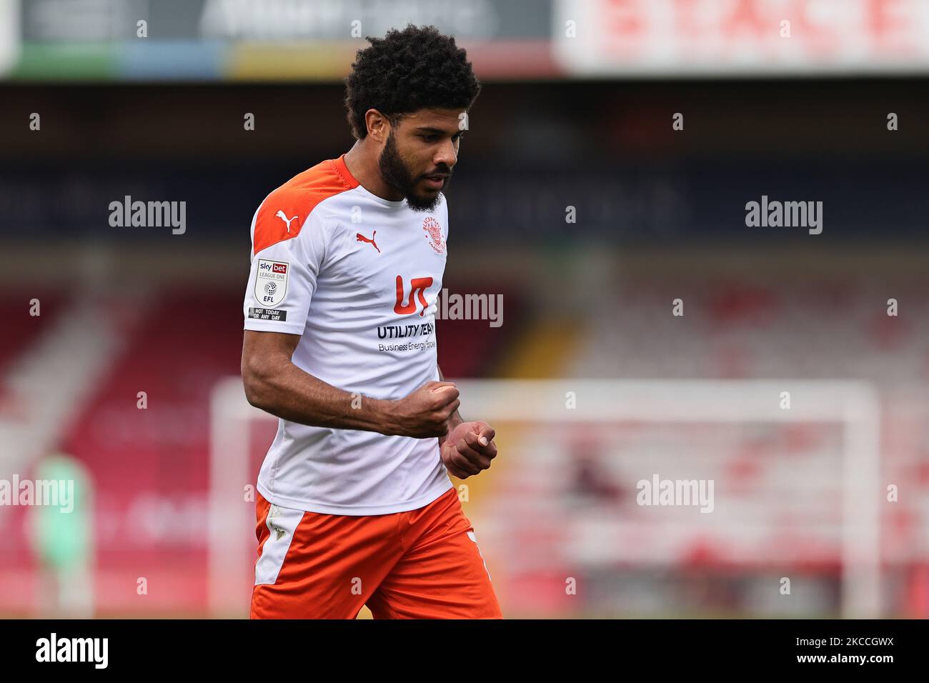 Ellis Simms of Blackpool celebrates scoring during the Sky Bet League 1 match between Lincoln City and Blackpool at LNER Stadium, Lincoln, England on 10th April 2021. (Photo by James Holyoak/MI News/NurPhoto) Stock Photo