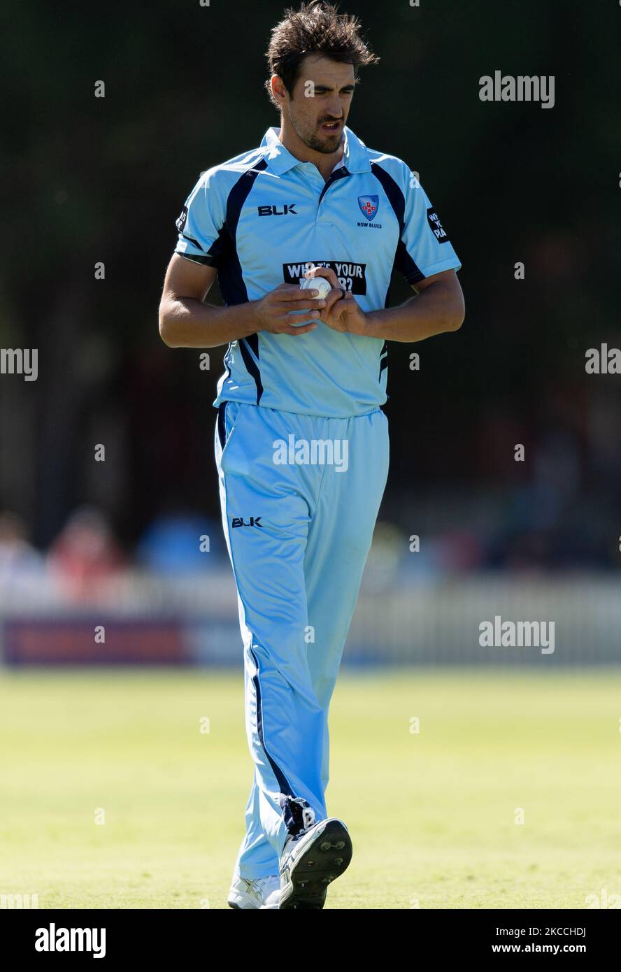 Mitchell Starc of NSW looks on during the 2021 Marsh One Day Cup Final match between New South Wales and Western Australia at Bankstown Oval on April 11, 2021 in Sydney, Australia. (Photo by Izhar Khan/NurPhoto) Stock Photo