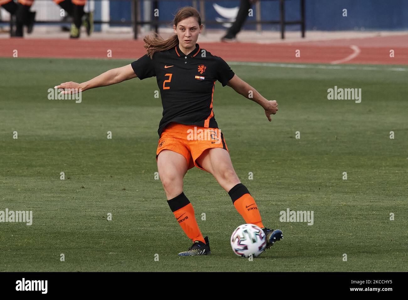 Aniek Nouwen of Netherlands runs with the ball during the Women's International Friendly match between Spain and Netherlands on April 09, 2021 in Marbella, Spain. Sporting stadiums around Spain remain under strict restrictions due to the Coronavirus Pandemic as Government social distancing laws prohibit fans inside venues resulting in games being played behind closed doors. (Photo by Jose Breton/Pics Action/NurPhoto) Stock Photo