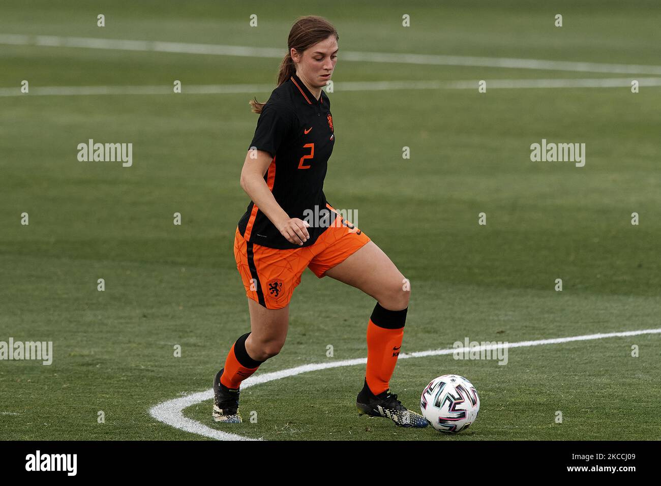 Aniek Nouwen of Netherlands in action during the Women's International Friendly match between Spain and Netherlands on April 09, 2021 in Marbella, Spain. Sporting stadiums around Spain remain under strict restrictions due to the Coronavirus Pandemic as Government social distancing laws prohibit fans inside venues resulting in games being played behind closed doors. (Photo by Jose Breton/Pics Action/NurPhoto) Stock Photo