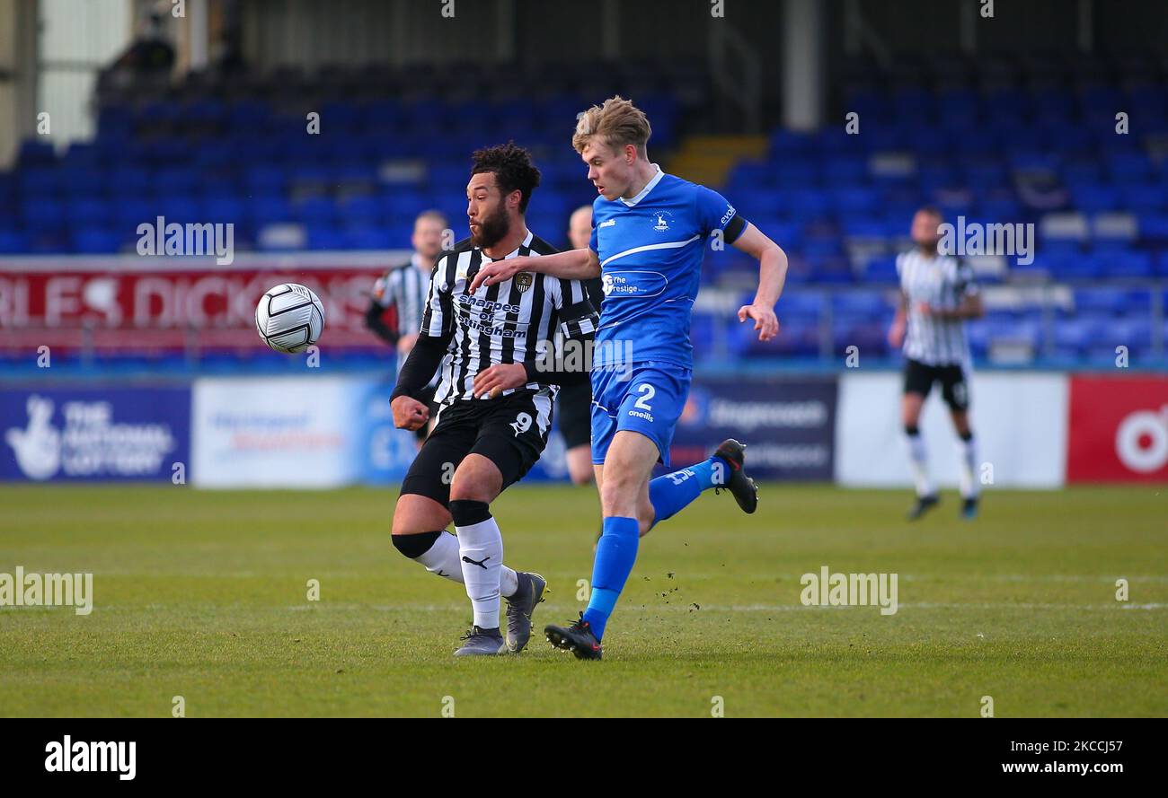 Hartepool, County Durham, UK. 27th Oct 2020. Lewis Cass of Hartlepool United  in action with Altrincham's Yusifu Ceesay during the Vanarama National  League match between Hartlepool United and Altrincham at Victoria Park