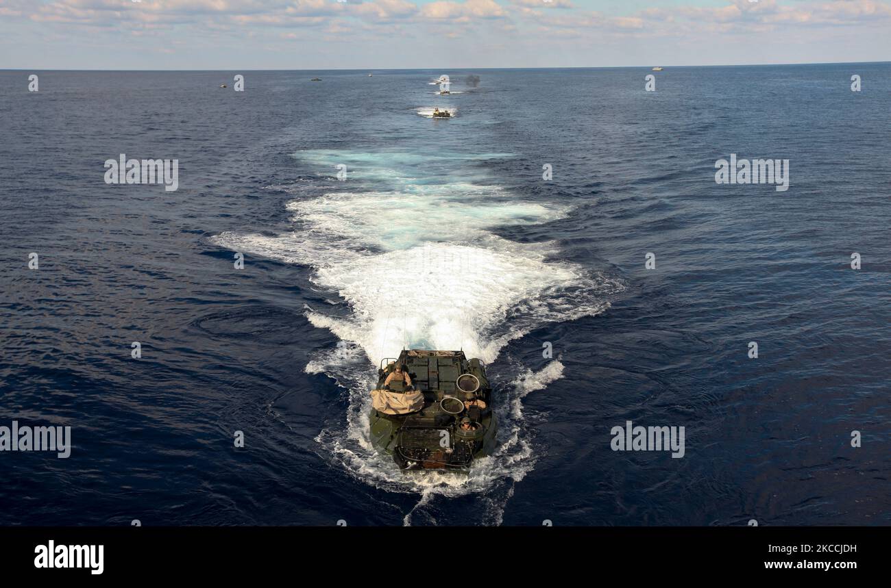 Amphibious assault vehicles in the Mediterranean Sea. Stock Photo