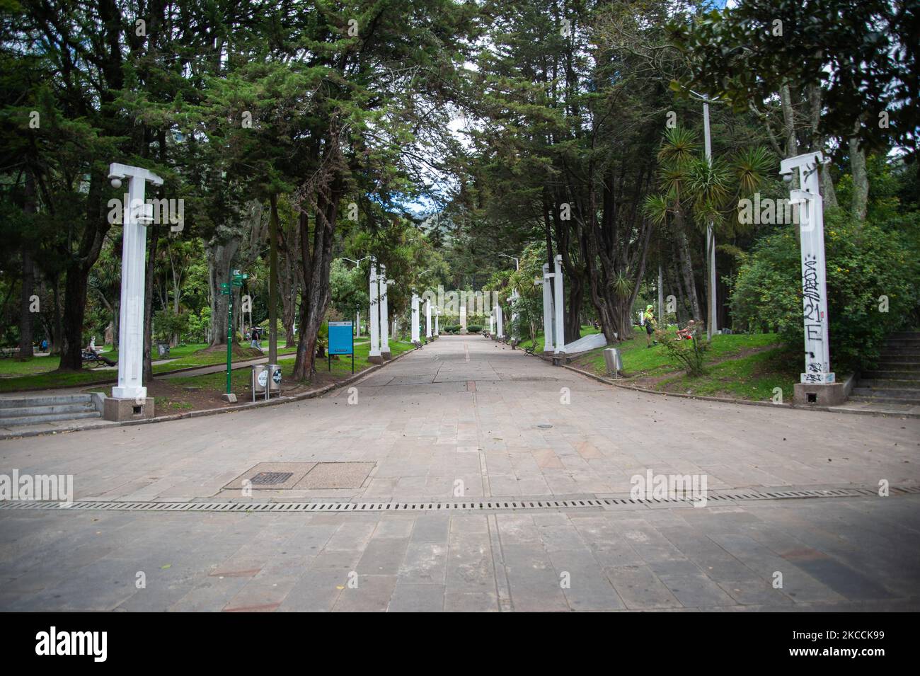 A general view of empty Parque Nacional as mayor of Bogota, Claudia Lopez imposed a new quarantine from saturday april 10th to the 12th as a preventive measure amid a third wave of the novel Coronavirus pandemic, infections. In Bogota, Colombia on April 11, 2021. (Photo by Sebastian Barros/NurPhoto) Stock Photo