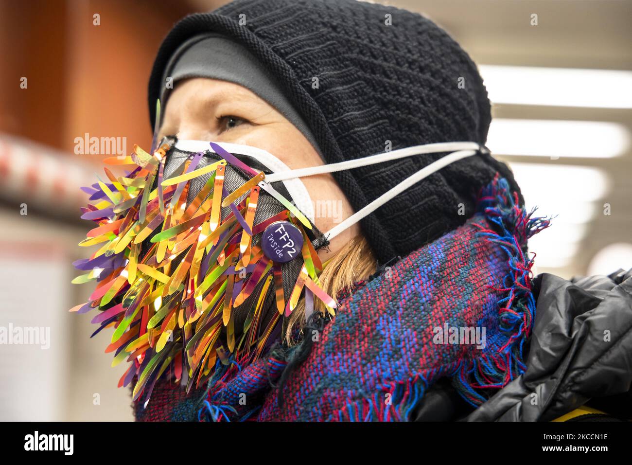 Fpp Mask Maria, wearing a decorated FPP2 mask, which is compulsory to wear in ...