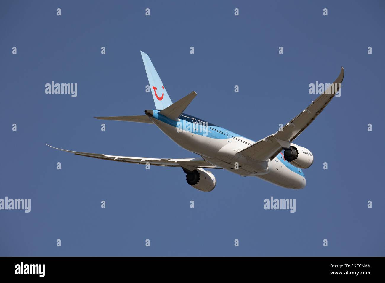 TUI fly Netherlands Airlines Boeing 787 Dreamliner aircraft as seen during takeoff, departing and flight from Amsterdam Schiphol International Airport AMS EHAM. The modern and advanced Boeing 787-8 airplane has 2x GE jet engines and PH-TFL registration. TUI fly the Netherlands is a Dutch charter airline belonging to TUI group, the largest leisure, travel and tourism company in the world. The world aviation passenger traffic numbers declined due to the travel restrictions, safety measures such as lockdowns, quarantine etc during the era of the Covid-19 Coronavirus pandemic that hit hard the avi Stock Photo