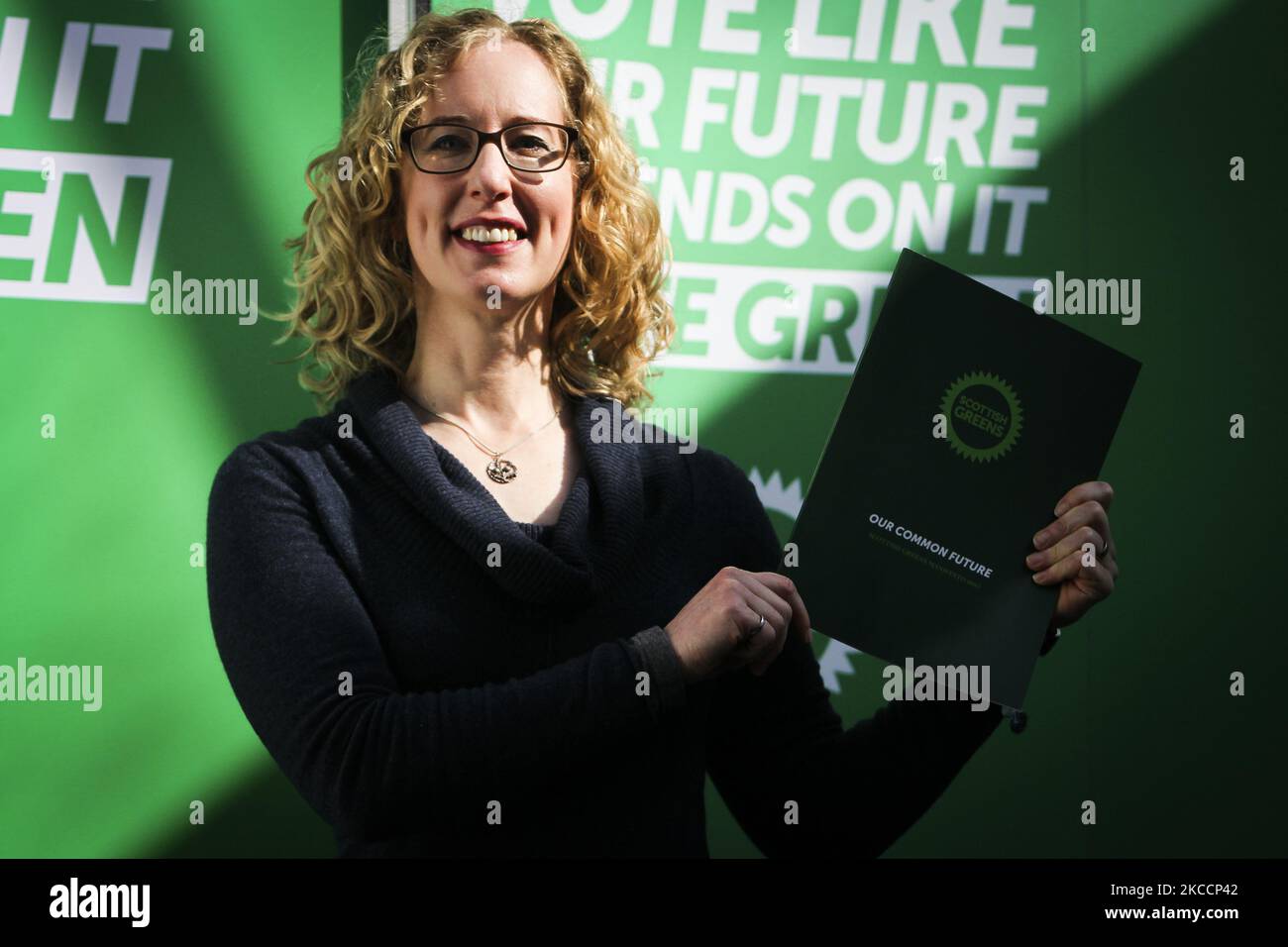 Scottish Greens co-leader Lorna Slater launches the Scottish Greens Scottish election manifesto during an election event held at SWG3 Studio Warehouse on April 14, 2021 in Glasgow, Scotland. Their manifesto contains plans to create over 100,000 jobs as part of its plans for a green recovery that cuts Scotland’s climate emissions. (Photo by Ewan Bootman/NurPhoto) Stock Photo