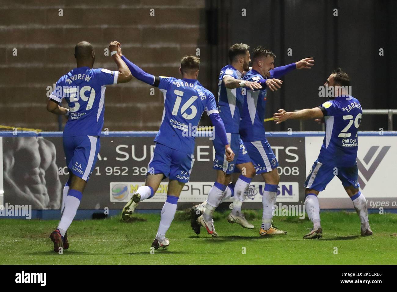 Scott Quigley of Barrow celebrates with his team mates after scoring their second goal during the Sky Bet League 2 match between Barrow and Exeter City at Holker Street, Barrow-in-Furness on Tuesday 13th April 2021. (Credit: Mark Fletcher | MI News) (Photo by MI News/NurPhoto) Stock Photo