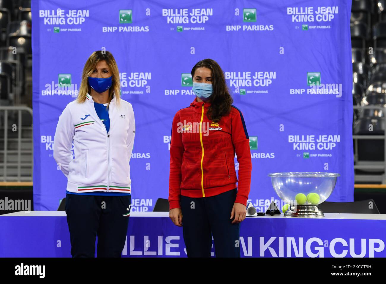 Italian captain, Tathiana Garbin, and Romanian captain, Monica Niculescu, during the drawing lots for the Billie Jean King Cup Play-Offs match between Romania and Italy at Sala Polivalenta on April 15, 2021 in Cluj-Napoca, Romania (Photo by Flaviu Buboi/NurPhoto) Stock Photo