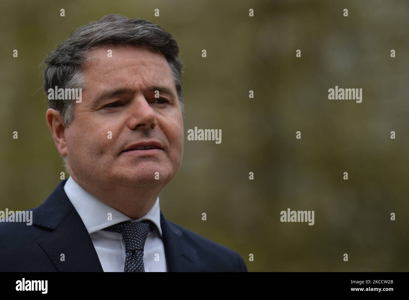 Paschal Donohoe, Irish Minister for Finance, during the Media briefing at Government Buildings in Dublin. KBC Bank Ireland has announced today that it is in discussions about the possible sale of its performing loan assets and liabilities to Bank of Ireland. On Friday, 16 March 2021, in Dublin, Ireland. (Photo by Artur Widak/NurPhoto) Stock Photo