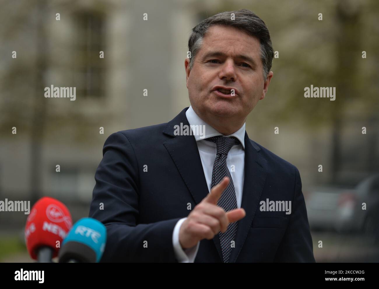 Paschal Donohoe, Irish Minister for Finance, during the Media briefing at Government Buildings in Dublin. KBC Bank Ireland has announced today that it is in discussions about the possible sale of its performing loan assets and liabilities to Bank of Ireland. On Friday, 16 March 2021, in Dublin, Ireland. (Photo by Artur Widak/NurPhoto) Stock Photo