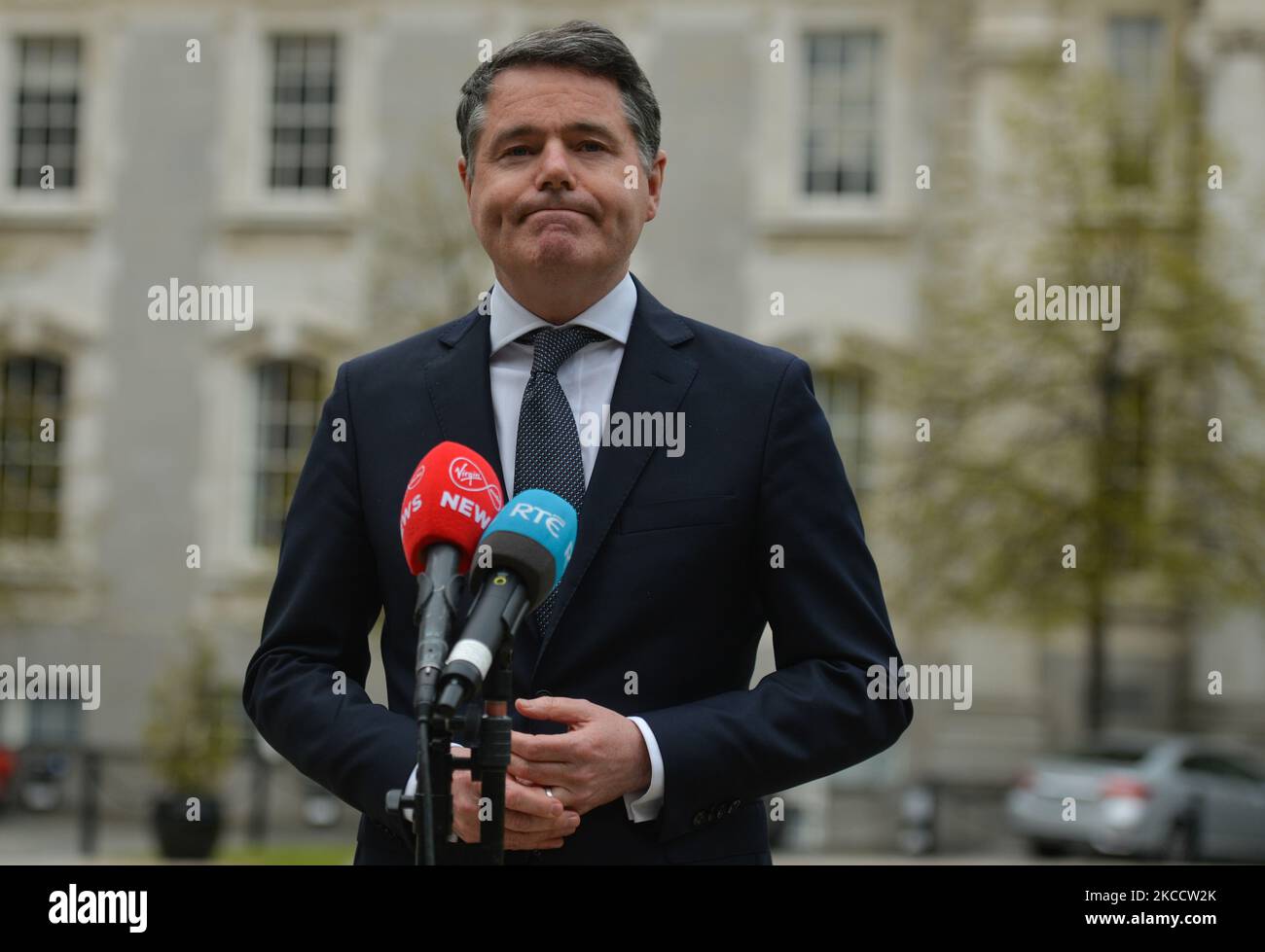 Paschal Donohoe, Irish Minister for Finance, during the Media briefing at Government Buildings in Dublin. KBC Bank Ireland has announced today that it is in discussions about the possible sale of its performing loan assets and liabilities to Bank of Ireland. On Friday, 16 March 2021, in Dublin, Ireland. (Photo by Artur Widak/NurPhoto) Stock Photo