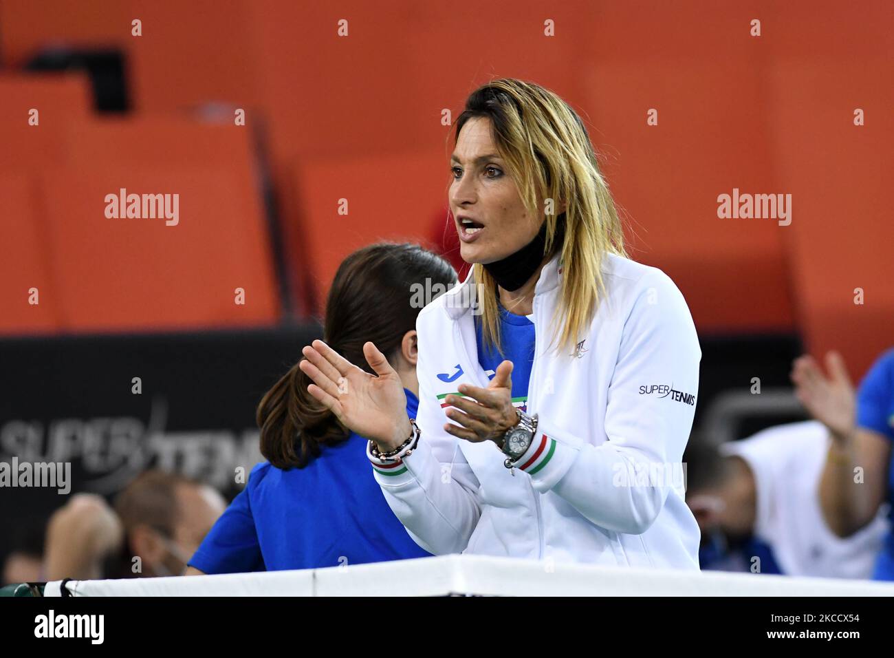 Tathiana Garbin captain of team Italy during the match against Romania, during the Billie Jean King cup in Cluj-Napoca, Romania on 16 April 2021. (Photo by Flaviu Buboi/NurPhoto) Stock Photo