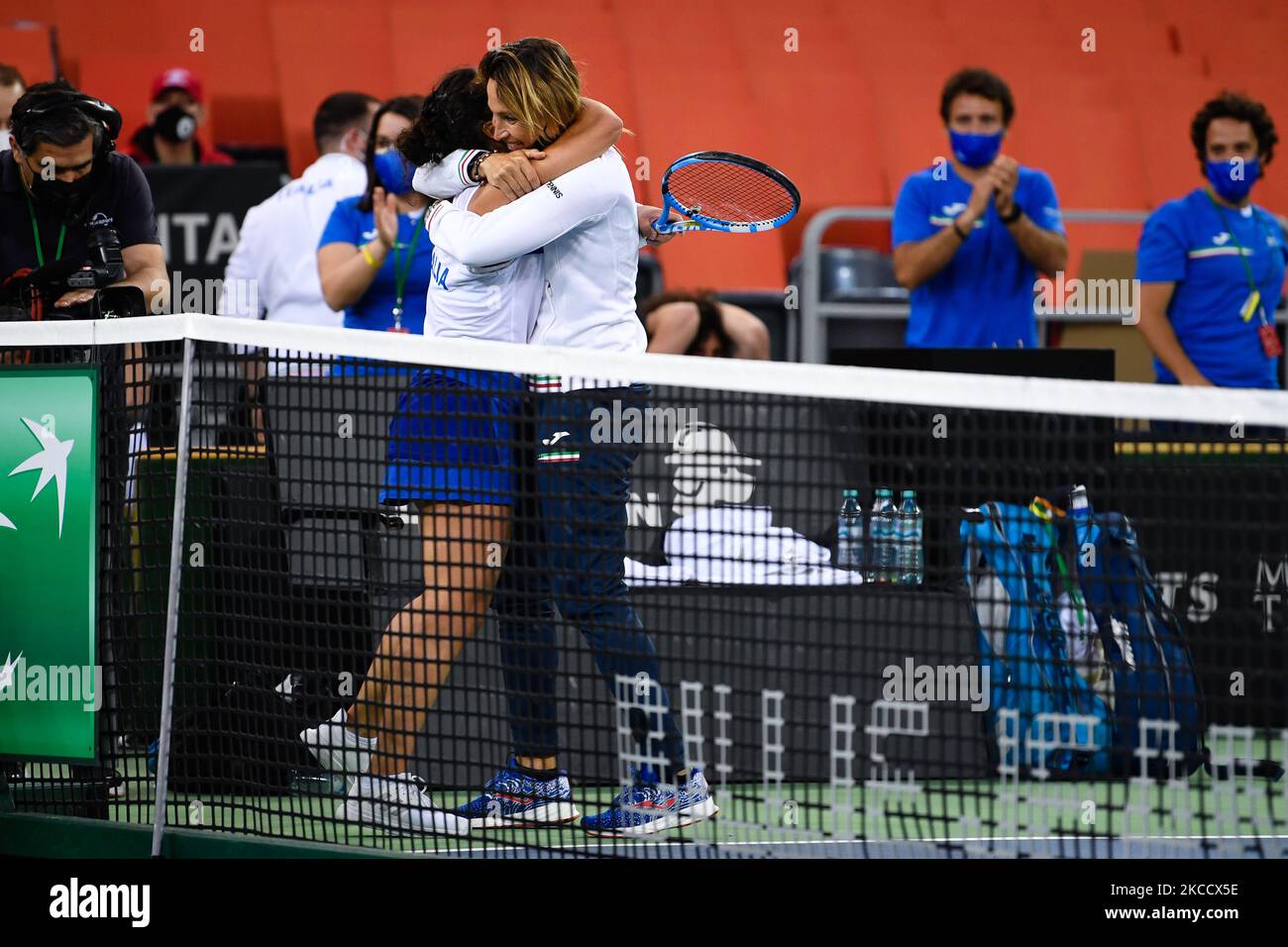 Martina Trevisan player of team Italy celebrates winning the atch against Mihaela Buzarnescu, romanian player during the Billie Jean King cup in Cluj-Napoca, Romania on 16 April 2021. (Photo by Flaviu Buboi/NurPhoto) Stock Photo