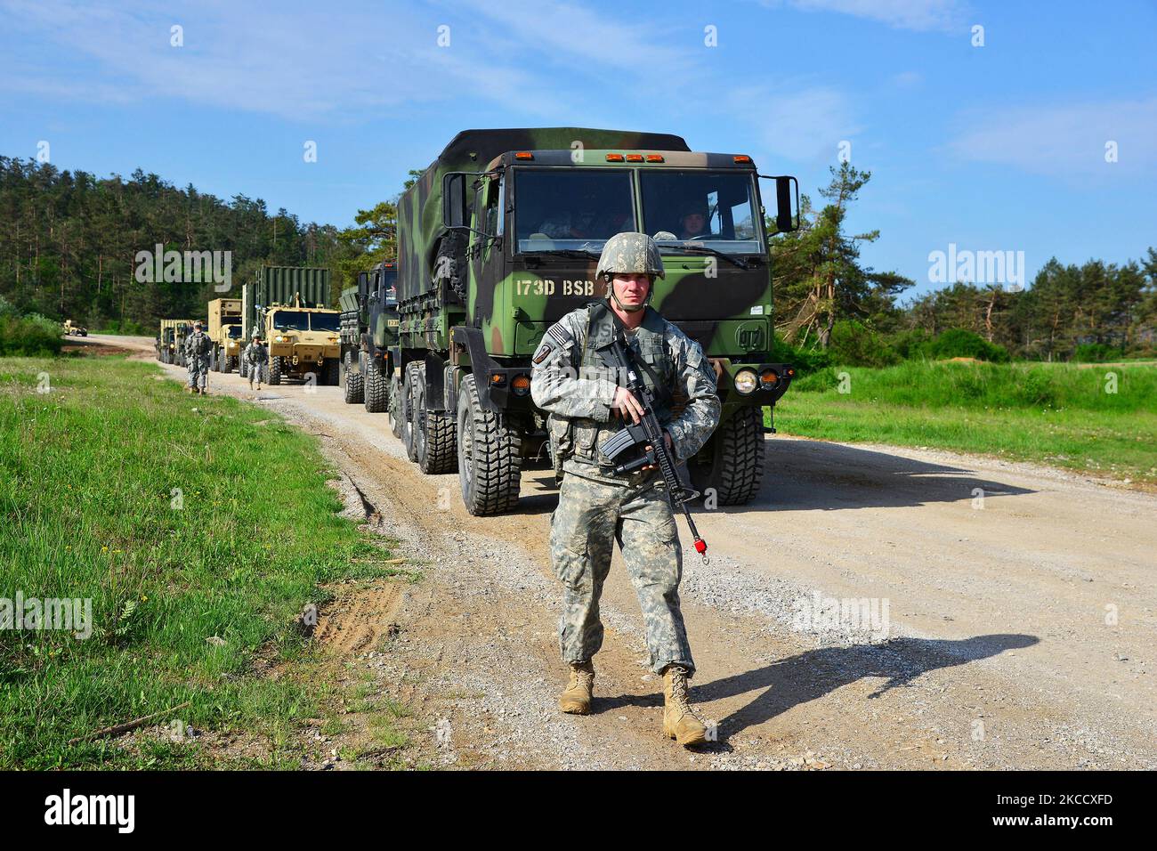 U.S. Army paratroopers conduct a convoy at Postonja, Slovenia. Stock Photo