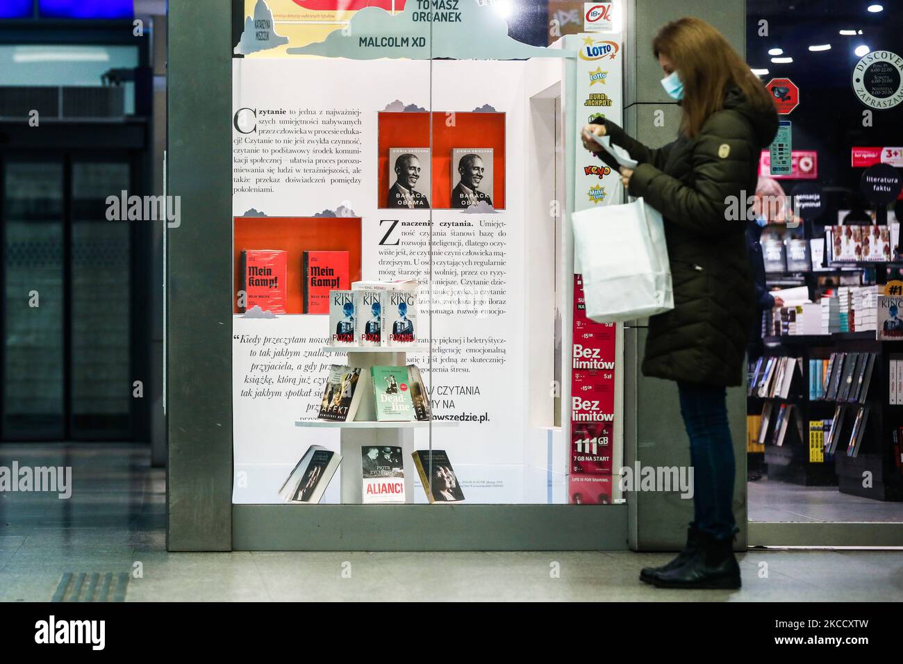 The critical edition of 'Mein Kampf' book by Adolf Hitler and Barack Obama's memoir 'A Promised Land' are displayed in a bookstore in Krakow, Poland. April 17, 2021. A new academic edition of the book was published in Poland this year on January 20th by Bellona publishing house. Despite the high price, less than a month after its premiere, the position has become a bestseller in history books section of several bookstores. The release of the Polish translation is the first critical edition of the book published in Poland and only the second in the world. In 2016, a similar scholarly edition wa Stock Photo