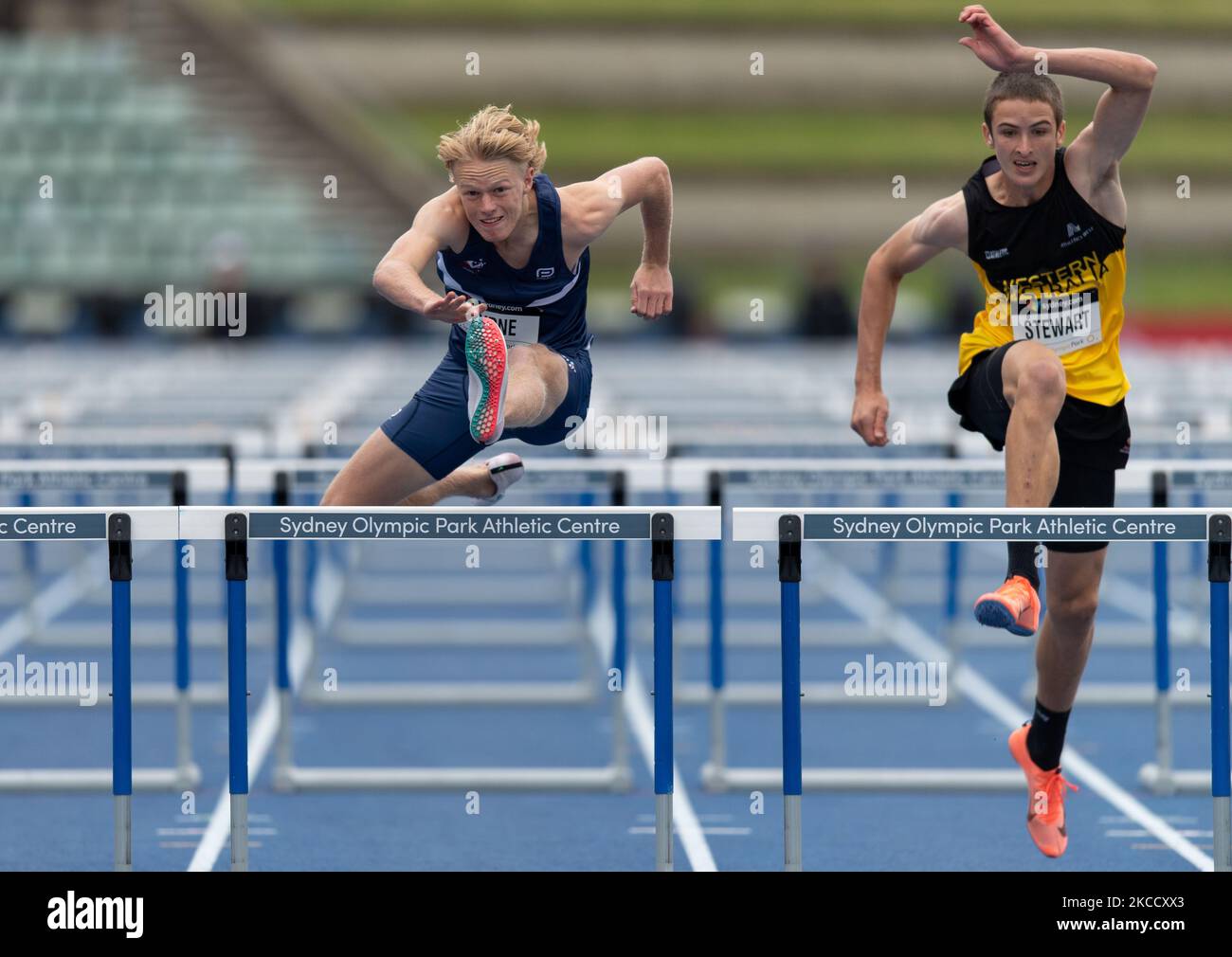 Thomas Byrne (L) of Victoria and Alex Stewart (R) of Western Australia competes in the Mens U18 110m hurdles prelims during the Australian Track & Field Championships at Sydney Olympic Park Athletic Centre on April 17, 2021 in Sydney, Australia (Photo by Izhar Khan/NurPhoto) Stock Photo