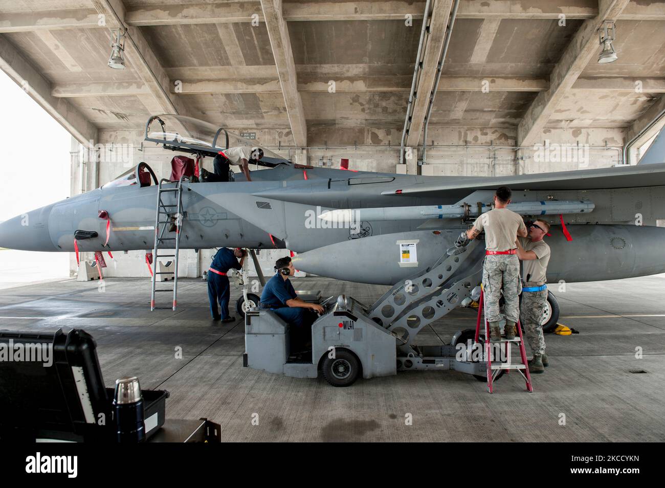 Maintainers prepare aircraft at Kadena Air Base, Japan. Stock Photo