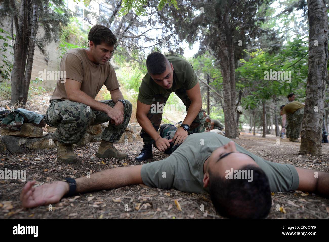 U.S. Soldiers participate in medical training. Stock Photo
