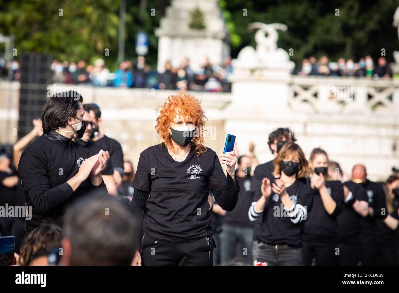 italian singer Fiorella Mannoia during Entertainment operators protest as part of the national demonstration of the entertainment sector and the events in crisis for the Coronavirus emergency (Covid-19) with 1000 trunks in Piazza del Popolo, in Rome, Italy on 17 April 2021. (Photo by Sirio Tessitore/NurPhoto) Stock Photo