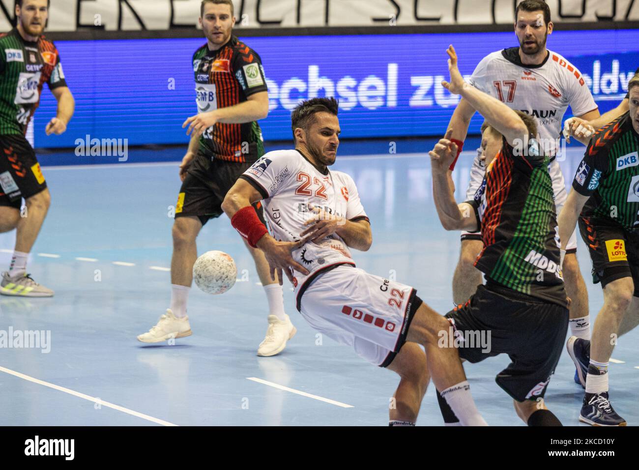 Michael Allendorf of MT Melsungen during the LIQUI MOLY Handball-Bundesliga match between SC Magdeburg and MT Melsungen at GETEC-Arena on April 18, 2021 in Magdeburg, Germany. (Photo by Peter Niedung/NurPhoto) Stock Photo