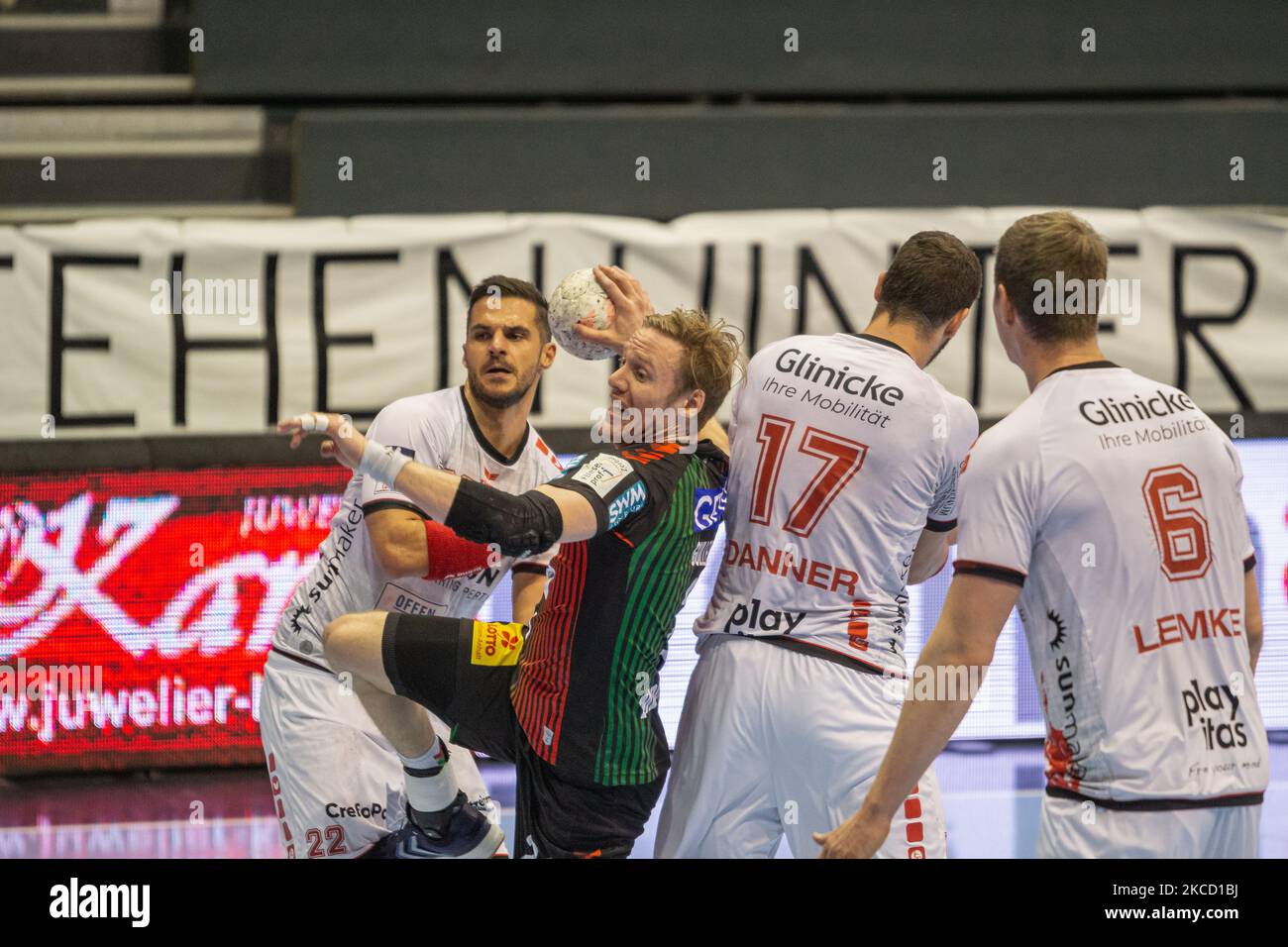 Magnus Gullerud of SC Magdeburg during the LIQUI MOLY Handball-Bundesliga match between SC Magdeburg and MT Melsungen at GETEC-Arena on April 18, 2021 in Magdeburg, Germany. (Photo by Peter Niedung/NurPhoto) Stock Photo