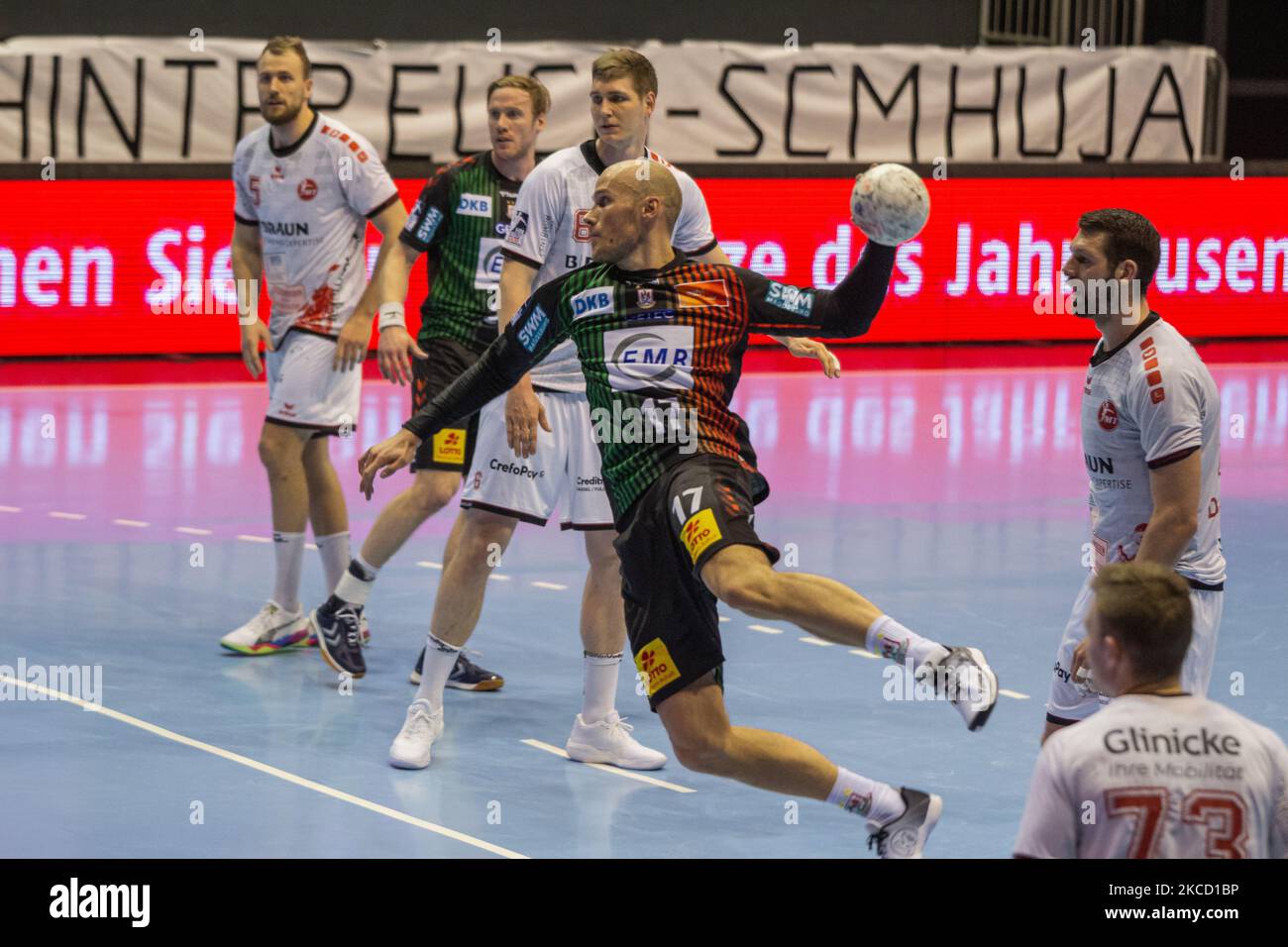 Tim Hornke of SC Magdeburg during the LIQUI MOLY Handball-Bundesliga match between SC Magdeburg and MT Melsungen at GETEC-Arena on April 18, 2021 in Magdeburg, Germany. (Photo by Peter Niedung/NurPhoto) Stock Photo