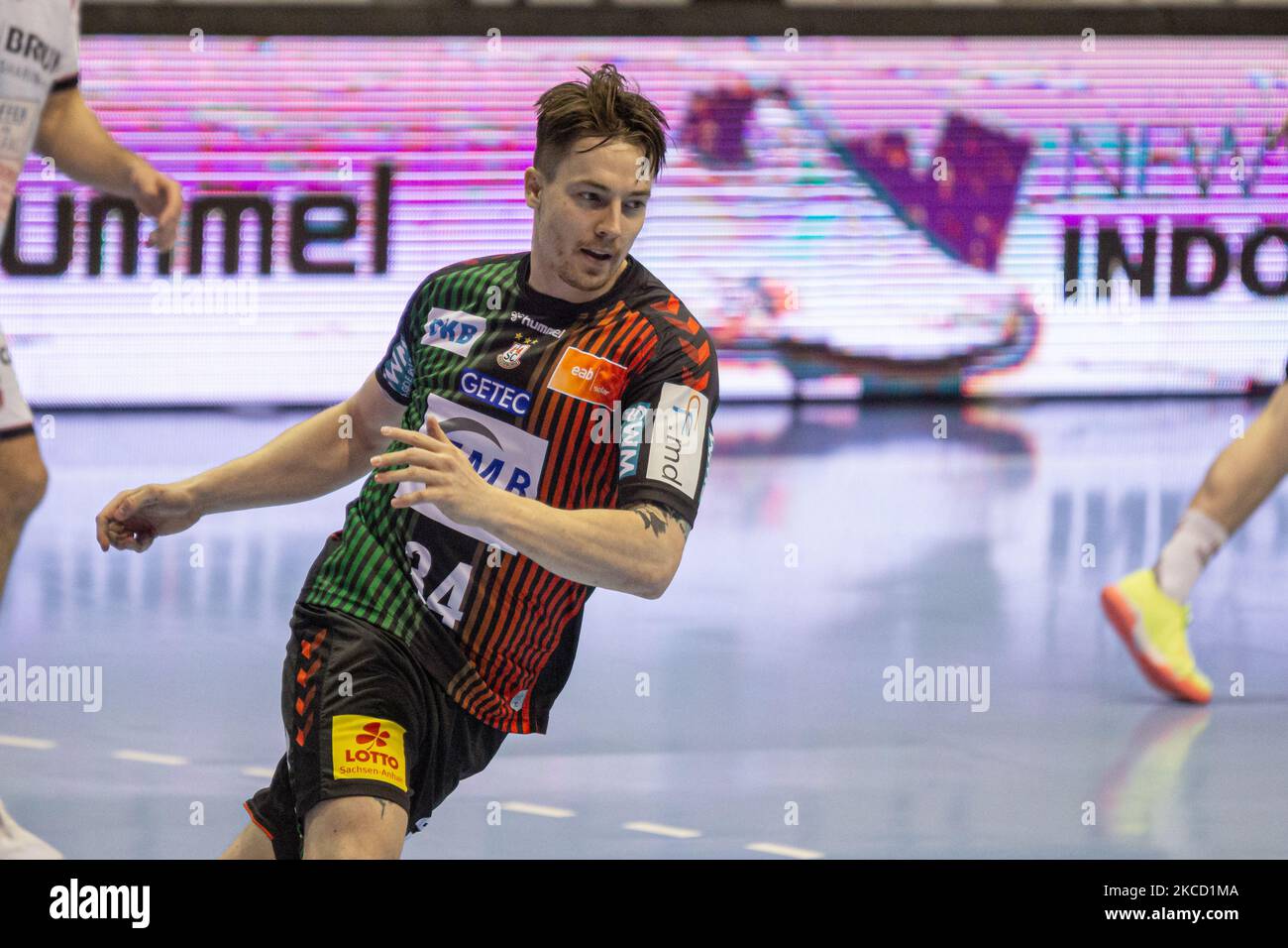 Michael Damgaard of SC Magdeburg during the LIQUI MOLY Handball-Bundesliga match between SC Magdeburg and MT Melsungen at GETEC-Arena on April 18, 2021 in Magdeburg, Germany. (Photo by Peter Niedung/NurPhoto) Stock Photo