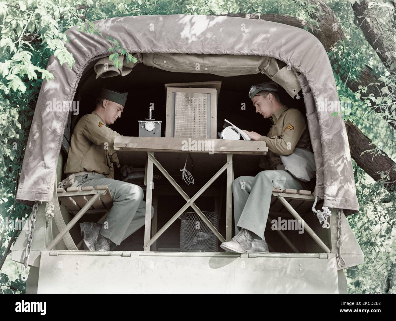 Signal Corps message center set up during a field problem at Fort Riley, Kansas, 1942. Stock Photo