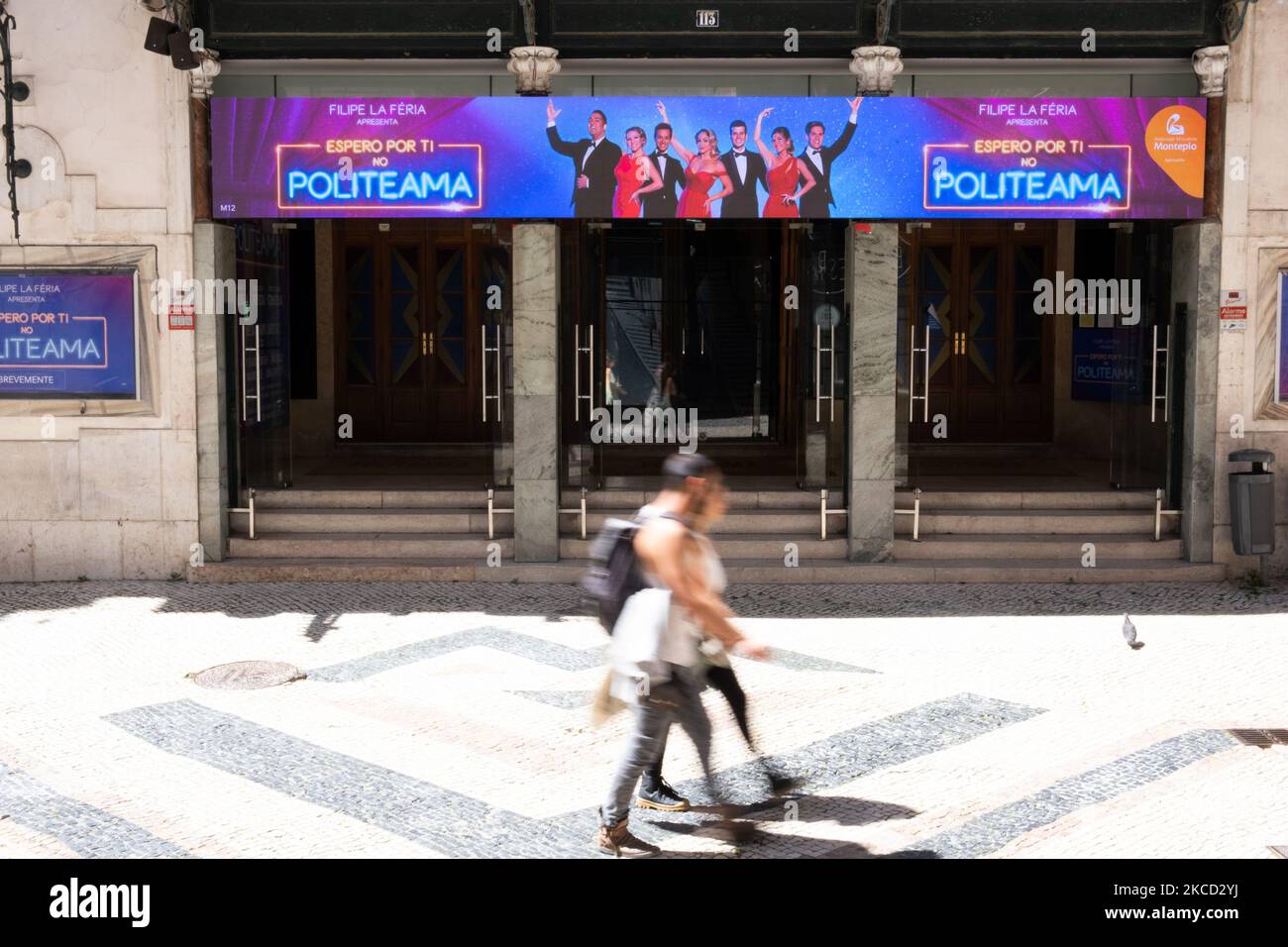 Politeama Theater with the doors open, on April 19, 2021, in Lisbon, Portugal. The Portuguese government has established a four-step plan to ease COVID-19 restrictions, with the third stage starting on April 19th with the reopening all shops and shopping centres, Cinemas, auditoriums, theaters, Secondary and higher education resumes with face to face classes, Outdoor events with reduced capacity (Photo by Nuno Cruz/NurPhoto) Stock Photo