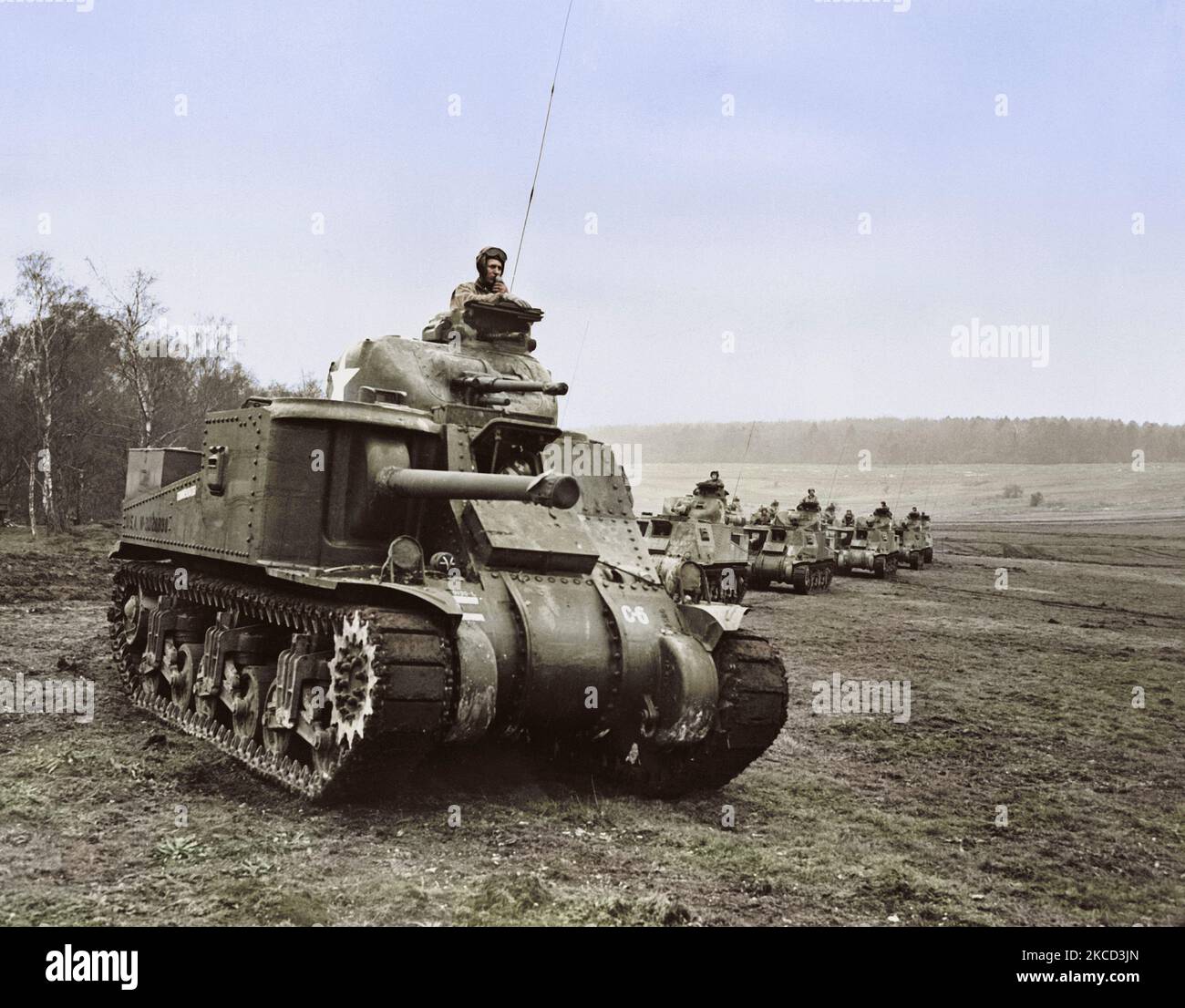 United States tanks during group maneuvers somewhere in England, circa 1942. Stock Photo