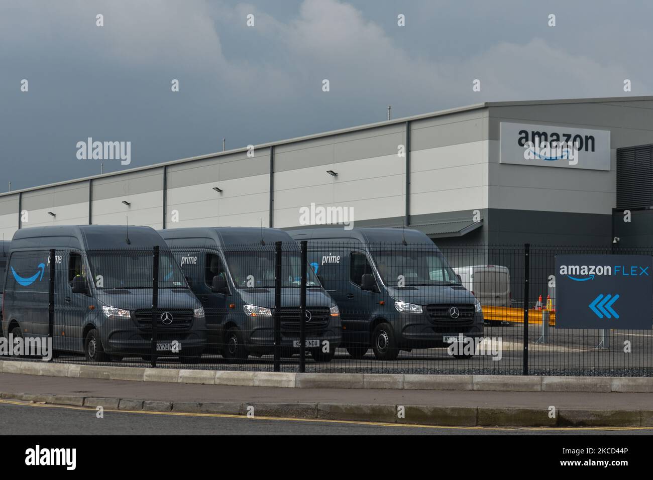 Amazon Prime vans waiting to depart from the Amazon delivery centre in