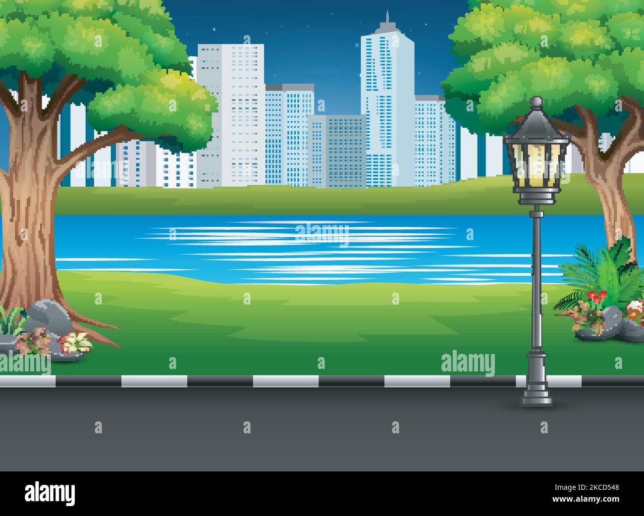 City park landscape with river and urban background Stock Vector Image ...
