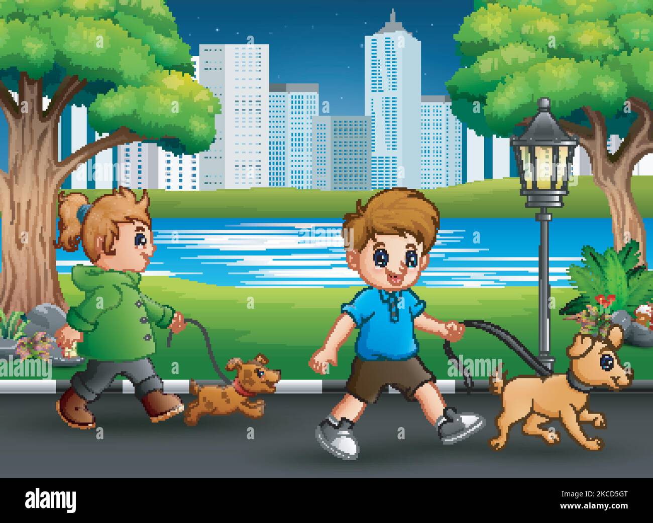 Children walking with their pets on the street Stock Vector Image & Art