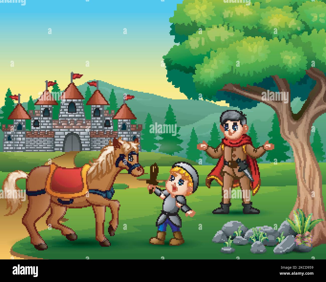 Little knight battling a horse to protect the prince Stock Vector Image ...