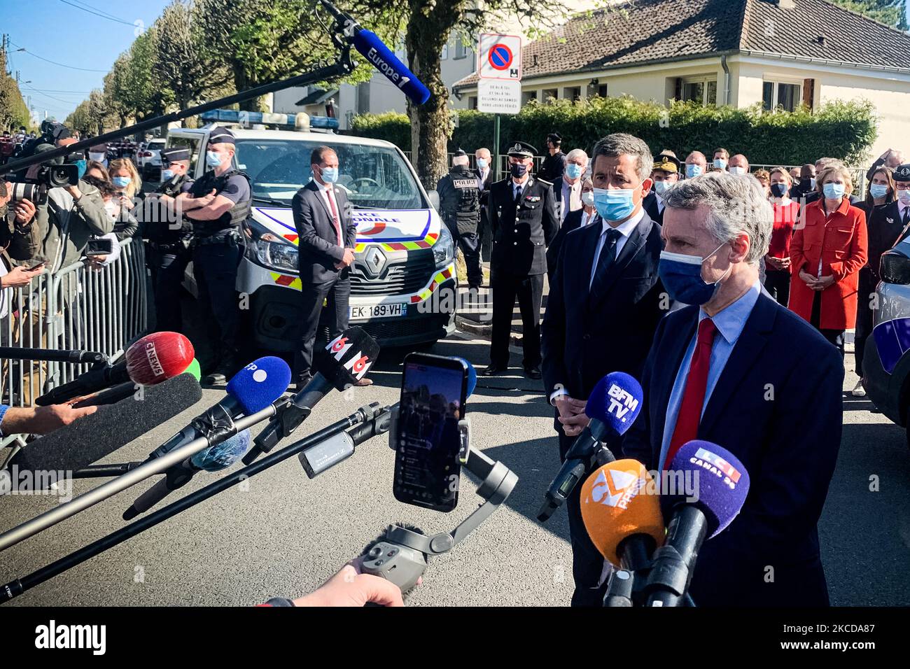On Friday 23 April 2021, in the middle of the afternoon, a man stabbed a police officer in the entrance of the police station in Rambouillet (Yvelines), a suburb of Paris, before being killed by a police officer. The national anti-terrorist prosecutor's office has taken over the investigation. Prime Minister Jean Castex, Interior Minister Gérald Darmanin and Jean-François Ricard, the prosecutor of the National Anti-Terrorism Prosecutor's Office (PNAT) held a press conference near the scene of the attack. (Photo by Samuel Boivin/NurPhoto) Stock Photo