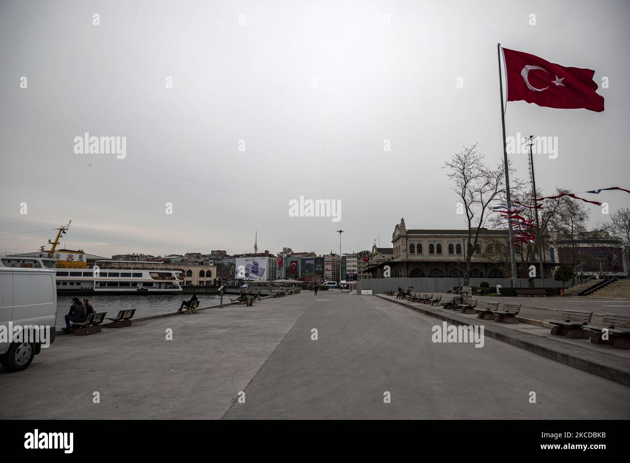 On the second day of the three-day curfew, it was seen that the Kadikoy dock and its surroundings were empty. The number of Covid-19 cases has increased in recent days. Partial closure of Turkey made the statement after Health Minister Fahrettin Koca was twenty-percent decline in Istanbul, Turkey on April 24, 2021. (Photo by Onur Dogman/NurPhoto) Stock Photo